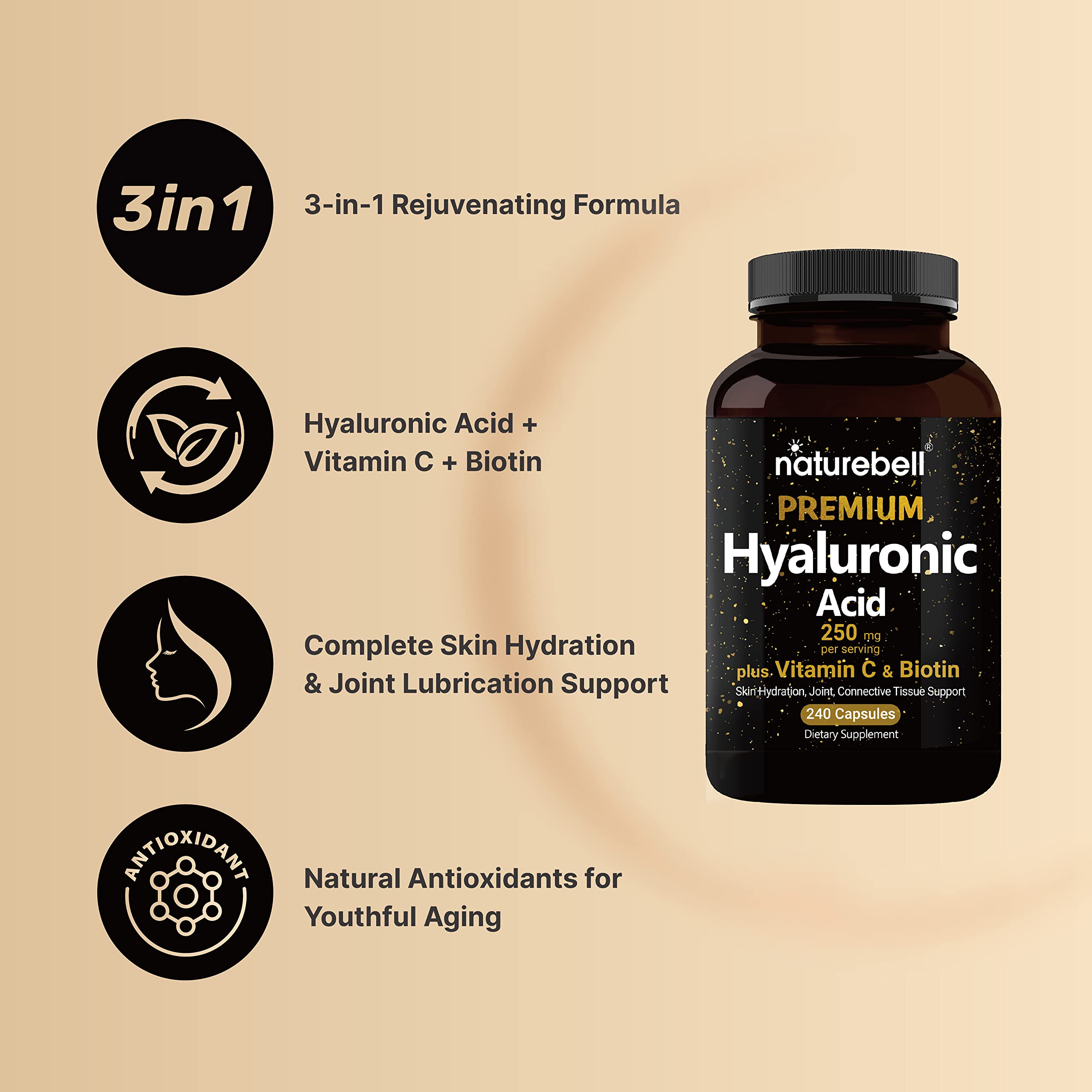 NatureBell ácido hialurónico 250 mg en cápsulas para hidratación.