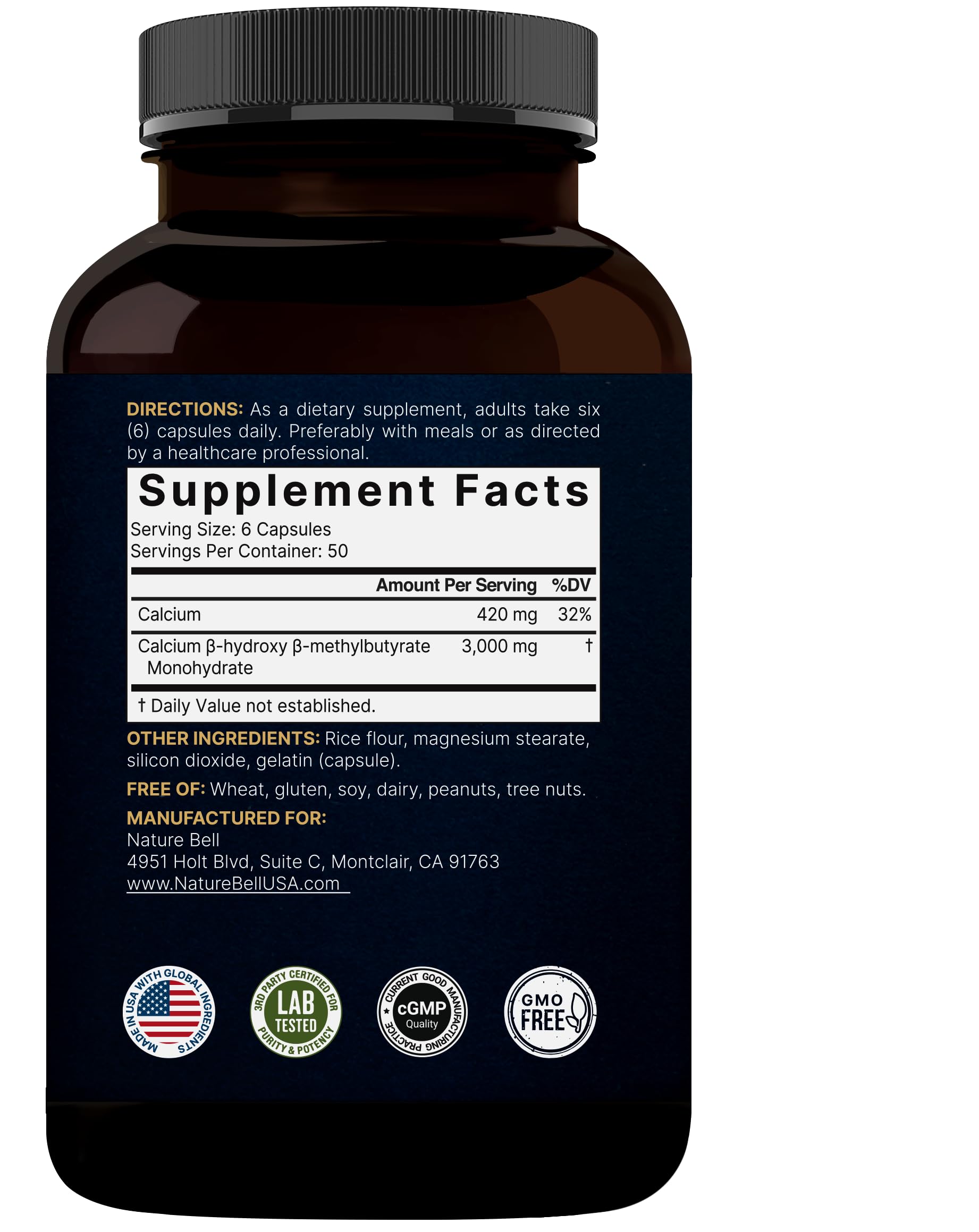 NatureBell HMB 3,000 mg - información de ingredientes: libre de organismos modificados