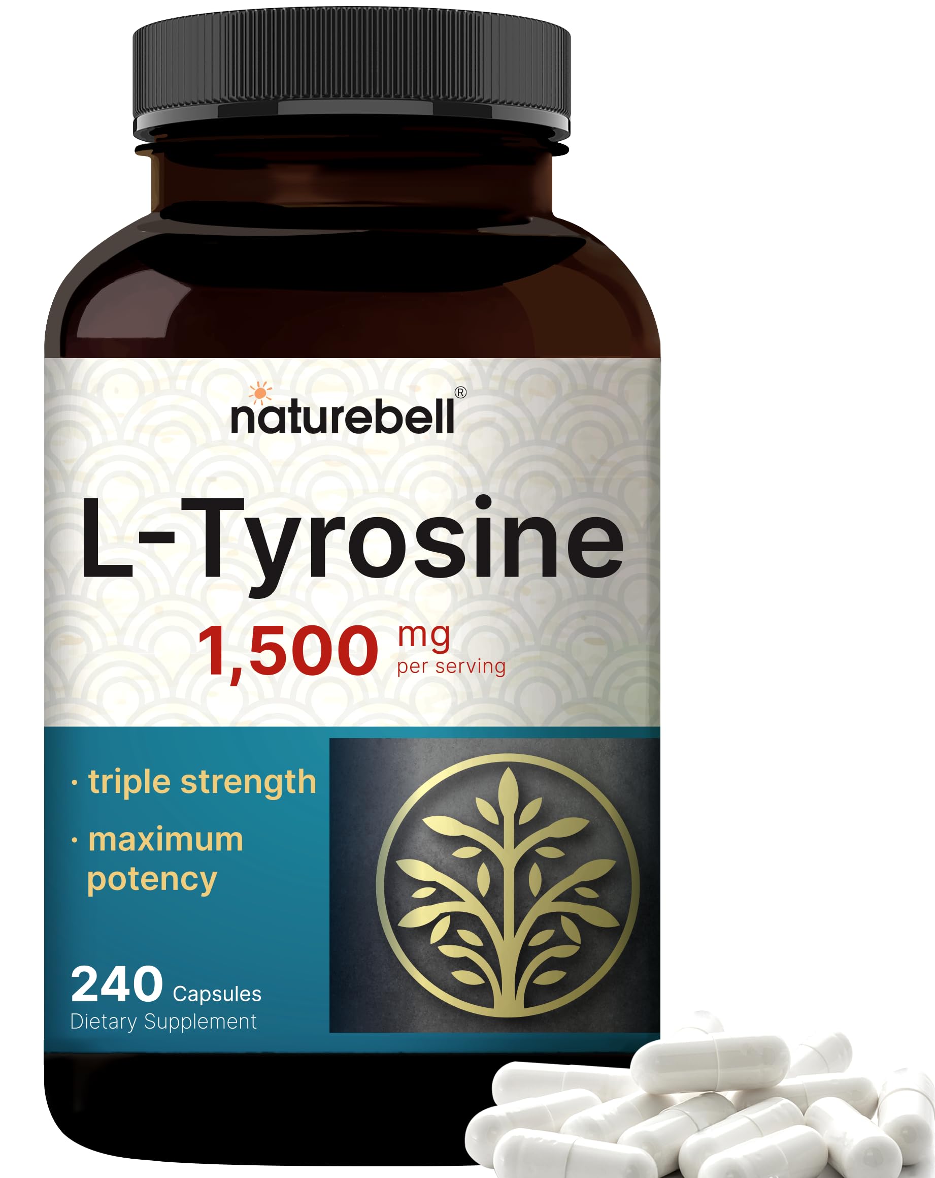 NatureBell L-Tirosina: botella de cápsulas de 1500 mg para apoyo cognitivo diario