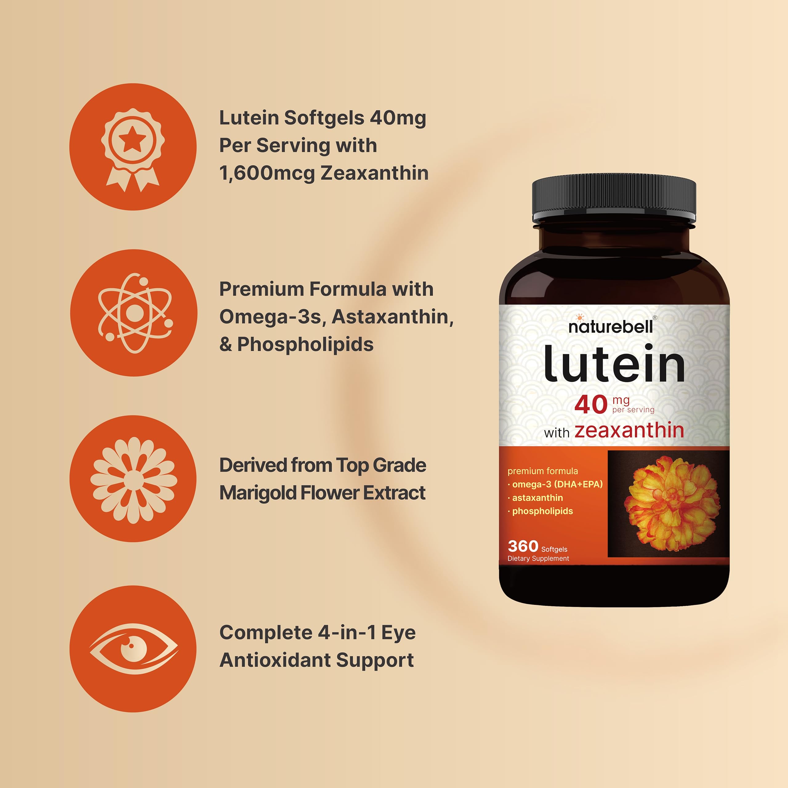 NatureBell Luteína con Omega-3, apoyo antioxidante para ojos y claridad visual.