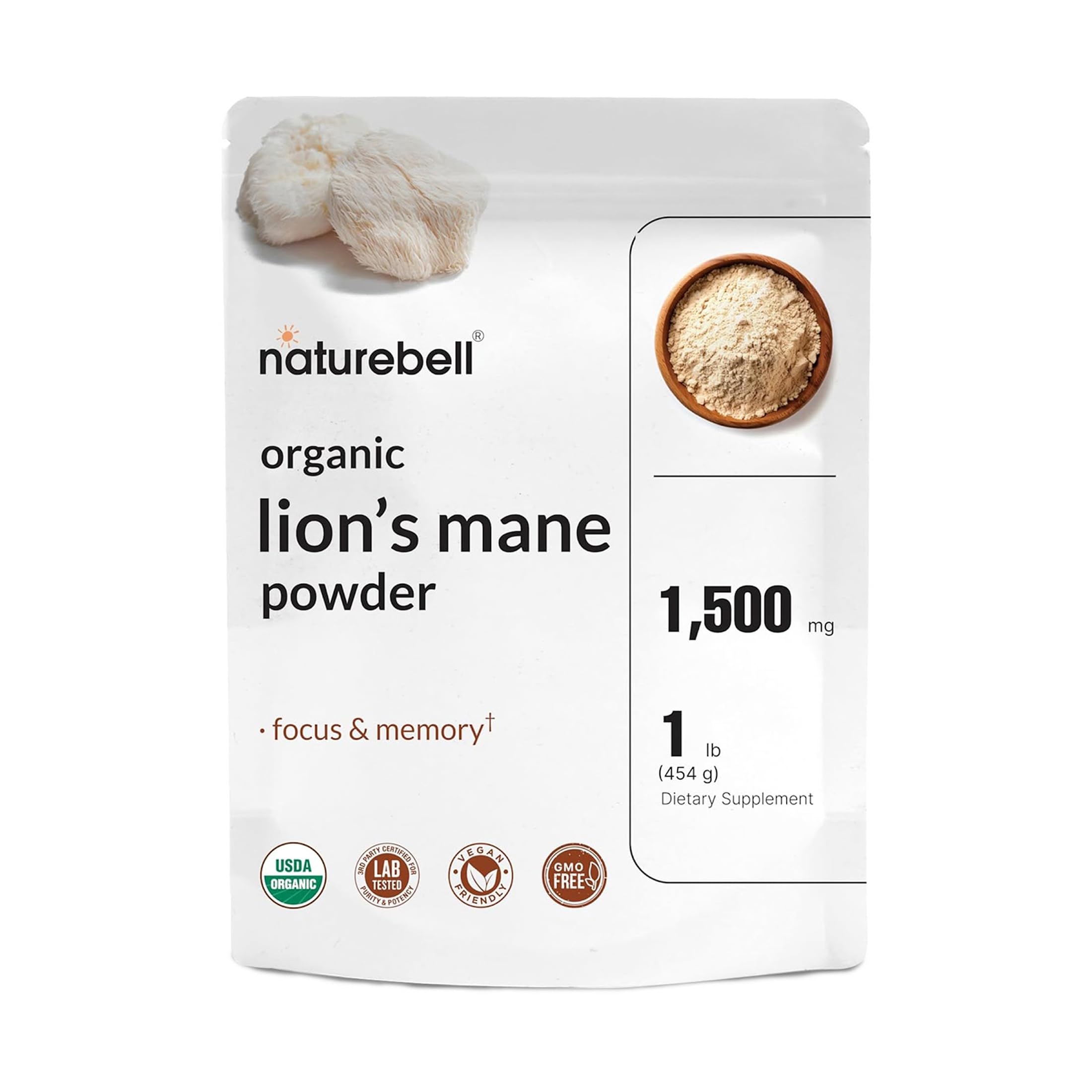 NatureBell melena de león polvo en envase, posible mejora de concentración.