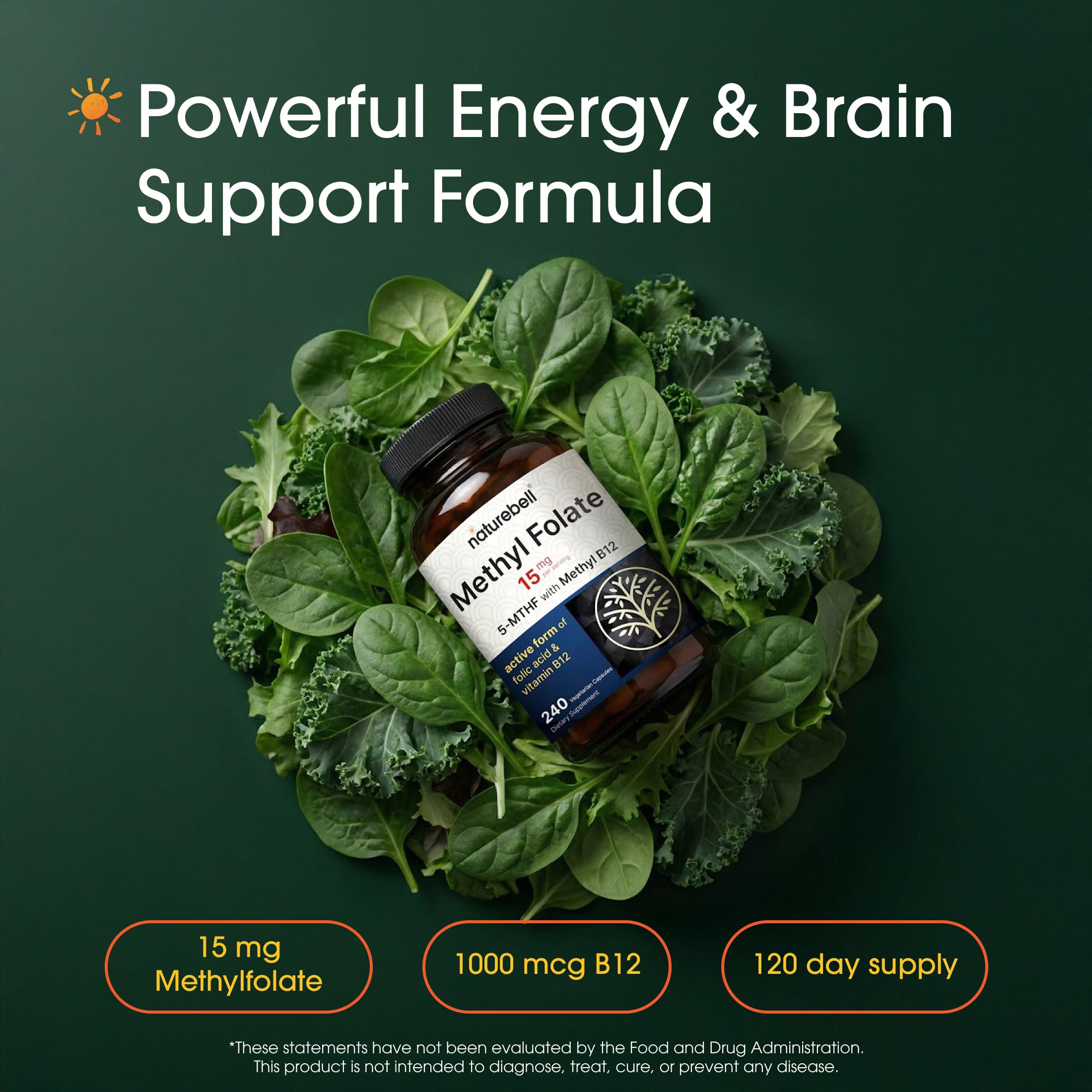 Cápsulas NatureBell Metilfolato 15 mg dentro del bote, conveniencia diaria.