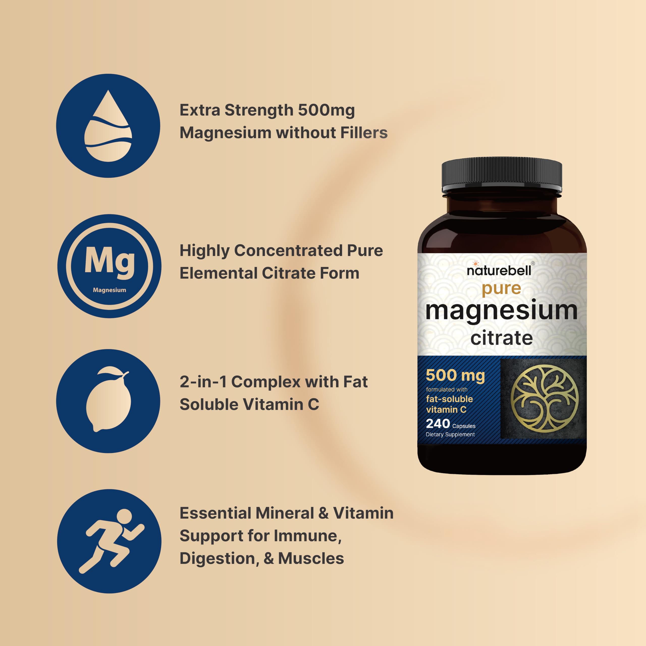 NatureBell citrato de magnesio, cápsulas 500 mg, porción diaria fácil de tomar.