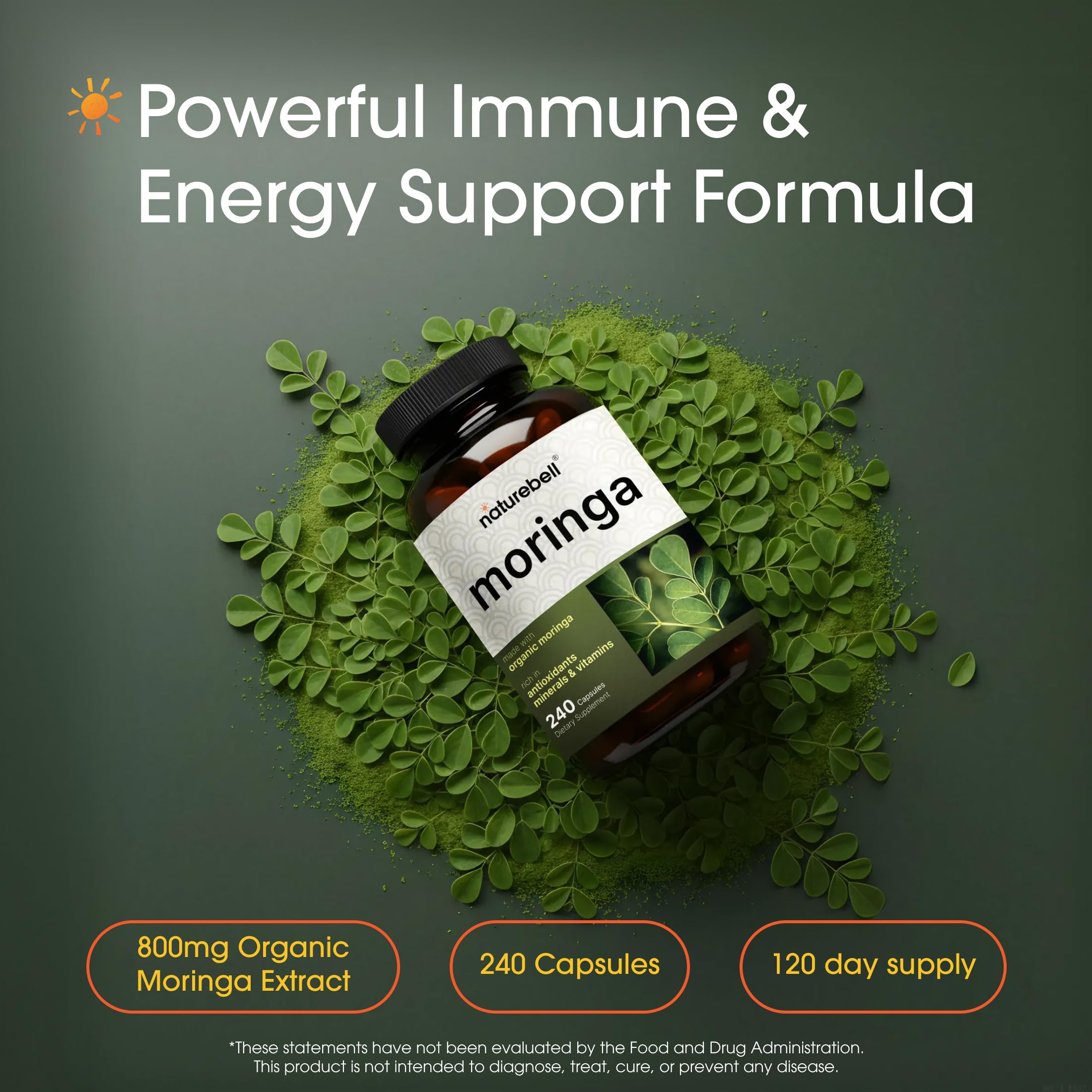 NatureBell Moringa: botella de cápsulas para apoyo inmunitario y vitalidad.