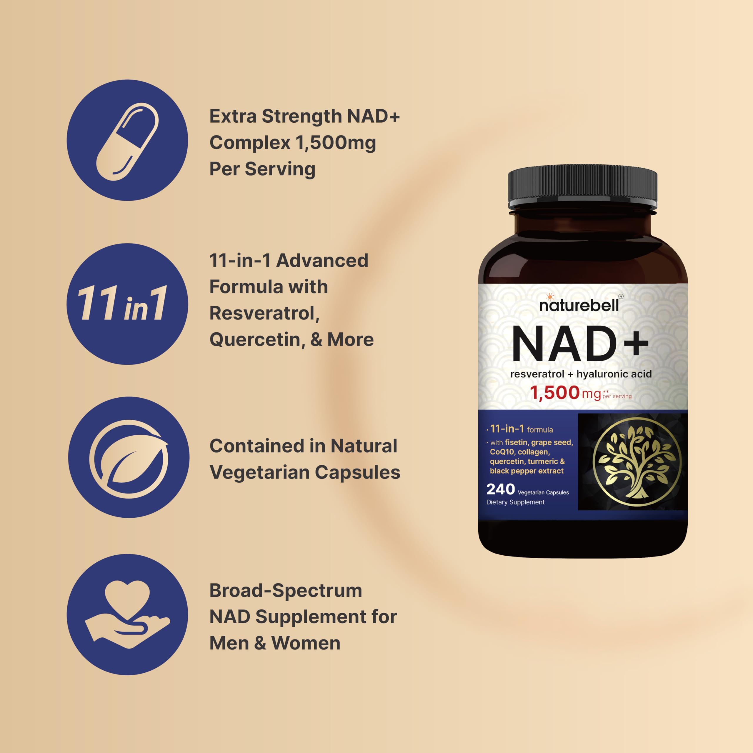 NatureBell NAD+ Complex: etiqueta frontal clara para identificar ingredientes clave.
