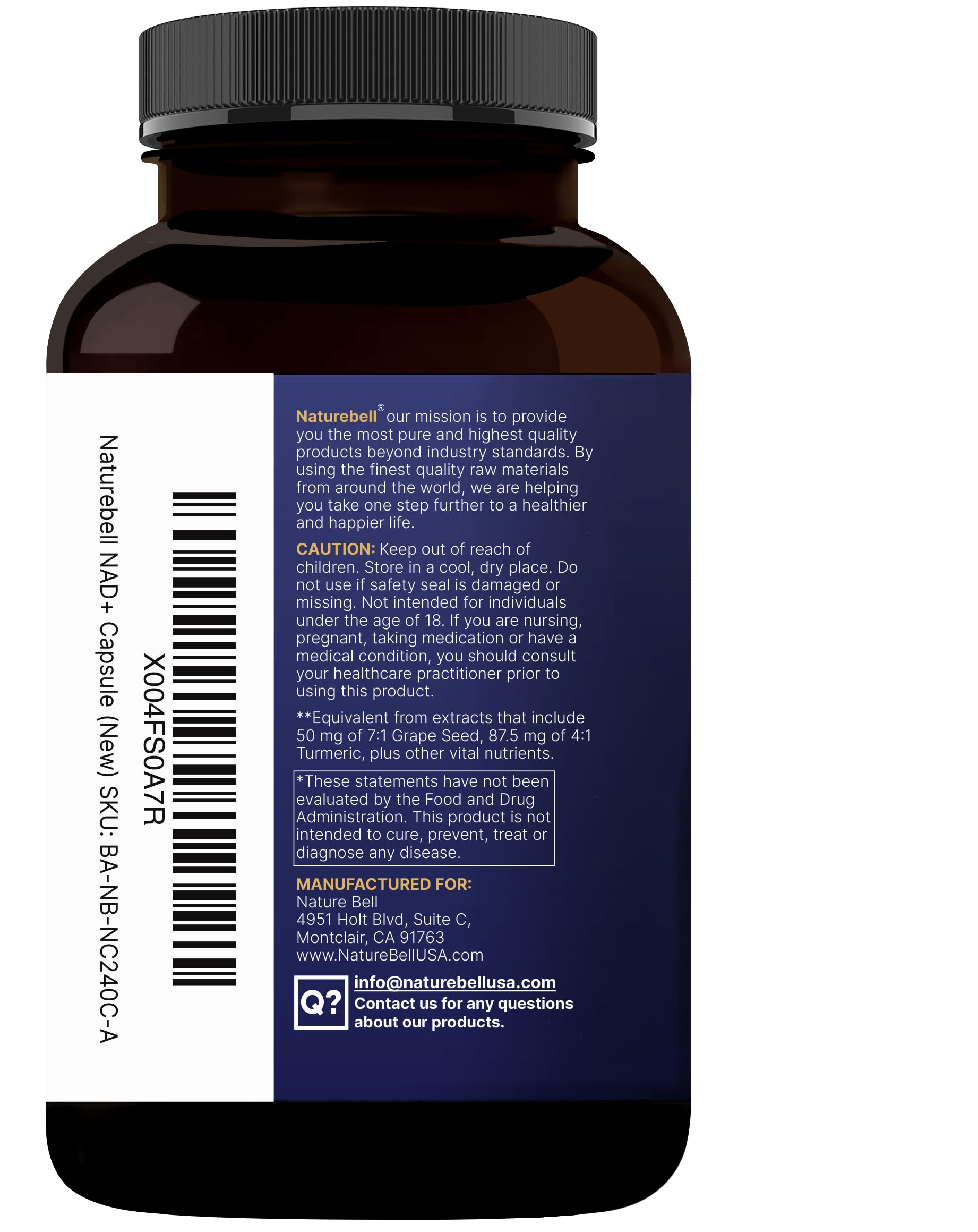 NatureBell NAD+ Complex: ingredientes clave destacados para apoyo metabólico y bienestar diario.