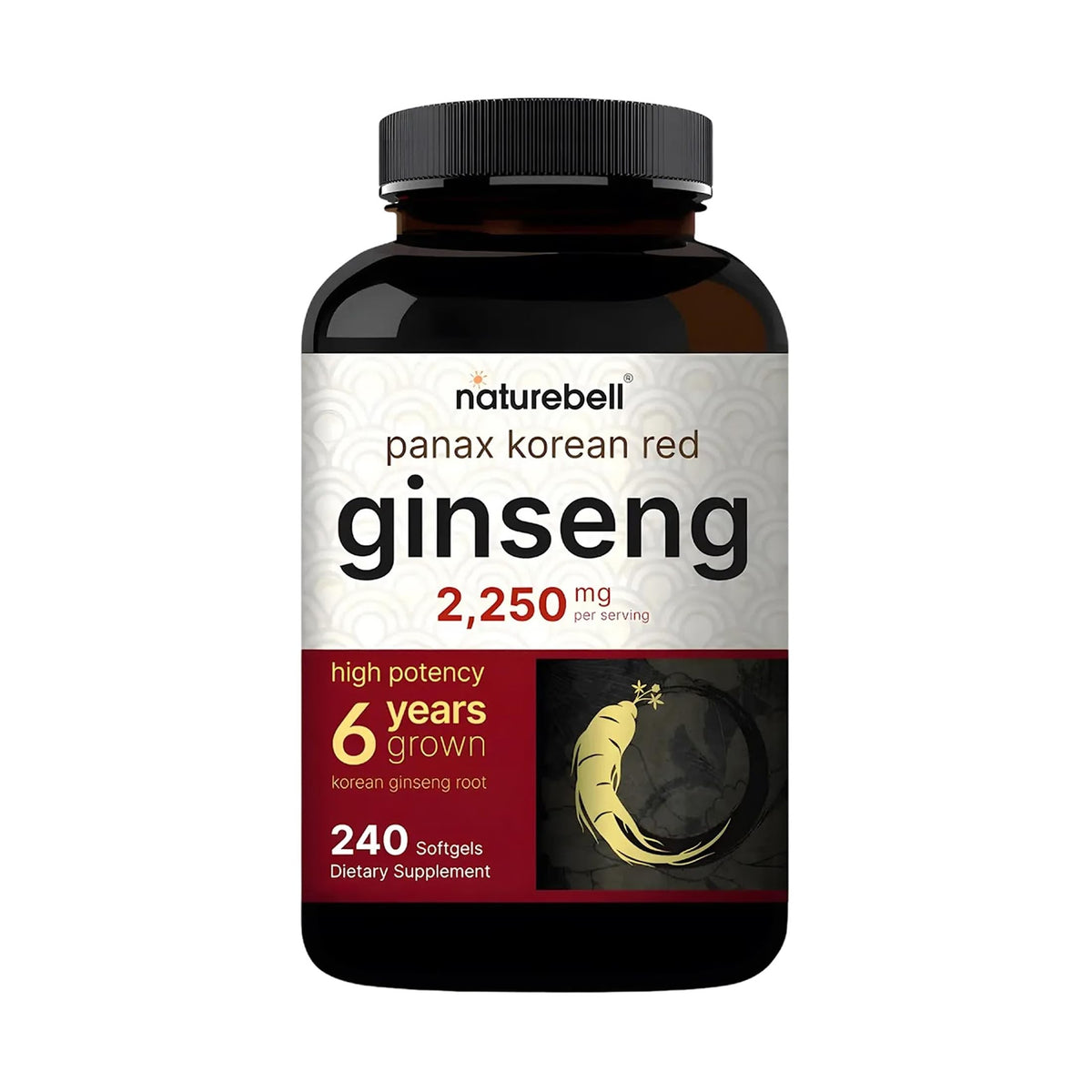 NatureBell Panax Ginseng Rojo Coreano, bote de cápsulas suaves, apoyo a la vitalidad diaria.