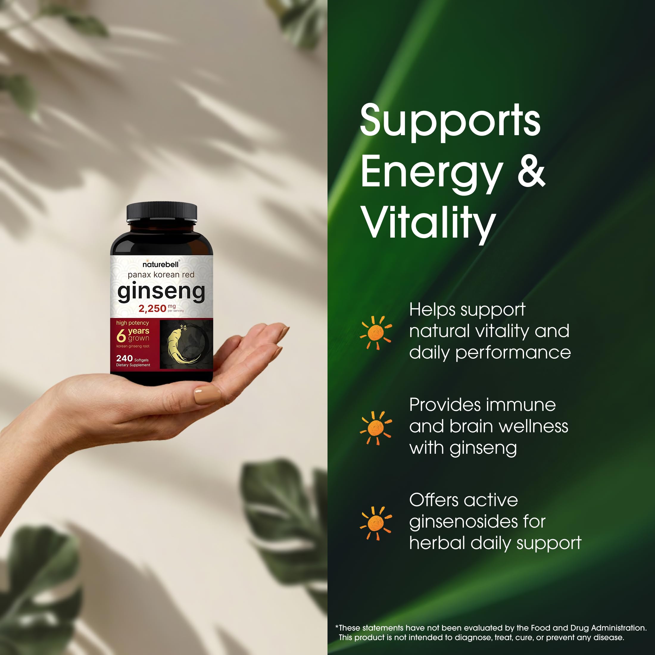 NatureBell Panax Ginseng Rojo Coreano, dosis diaria, apoyo potencial a la energía cotidiana.