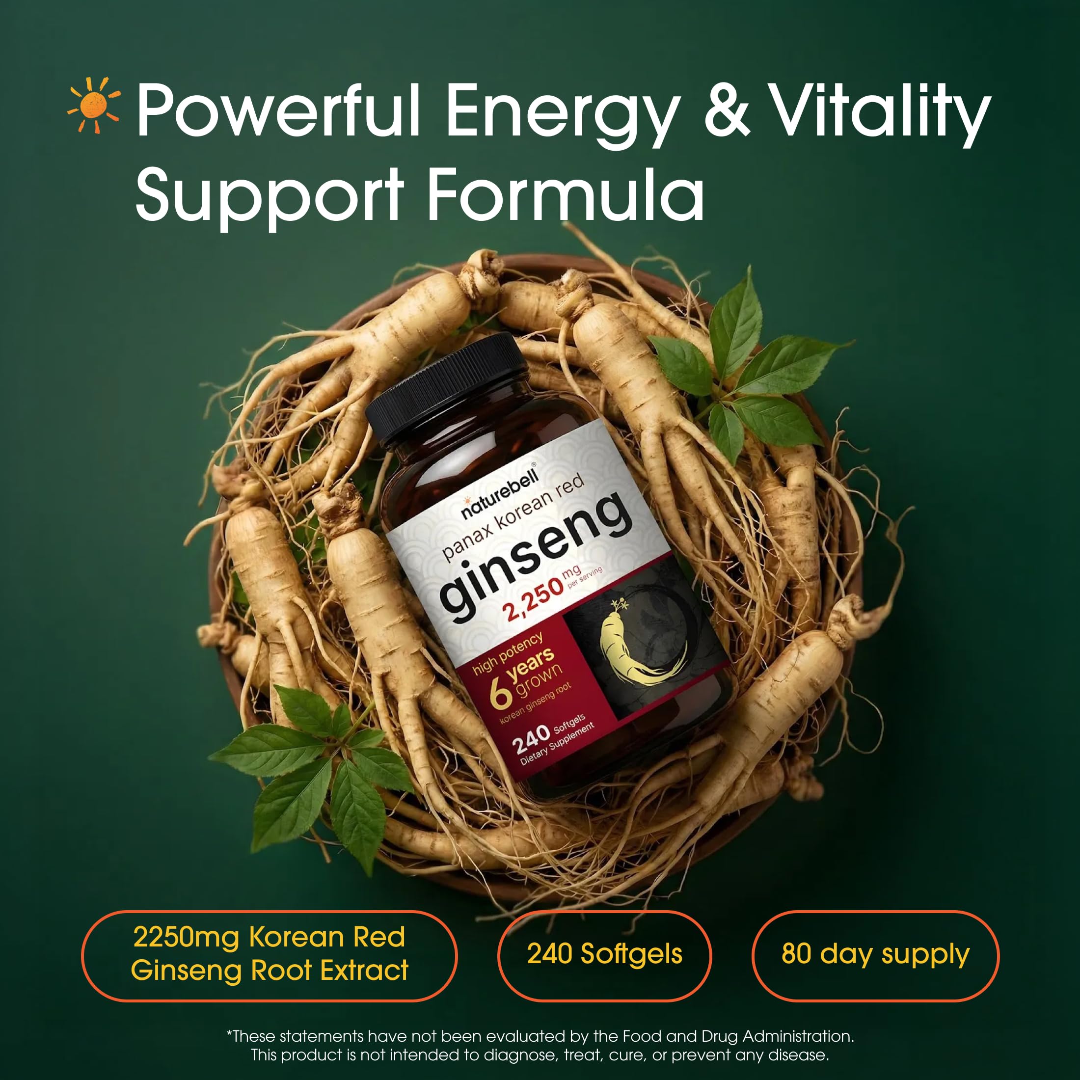 NatureBell Panax Ginseng Rojo Coreano, etiqueta de ingredientes, destaca pureza y calidad.