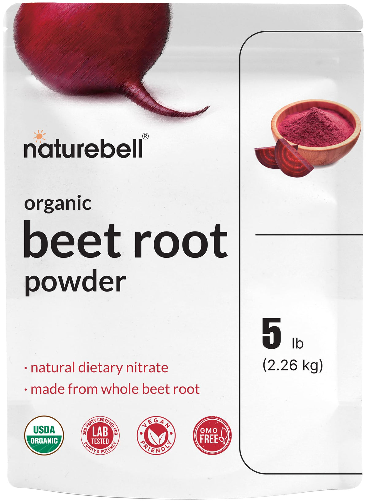 NatureBell Polvo de Remolacha Orgánico, empaque de 5 libras para almacenamiento diario.