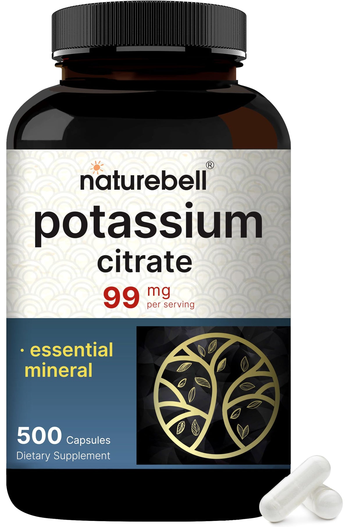 NatureBell Potassium Citrate, botella frontal, fuente de potasio para uso diario
