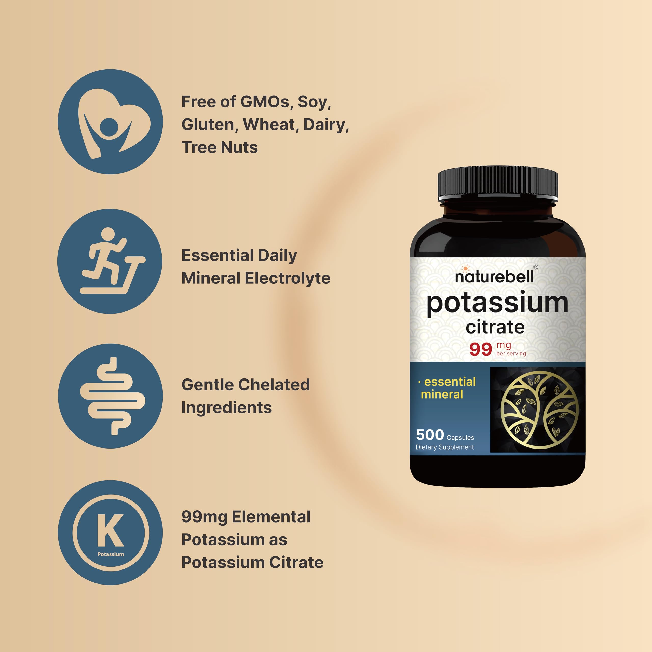 NatureBell Potassium Citrate, cápsulas vista cercana, textura cristalina suave