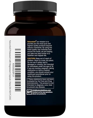 NatureBell Potassium Magnesium, cápsulas cercanas, enfoque en la absorción potencial.