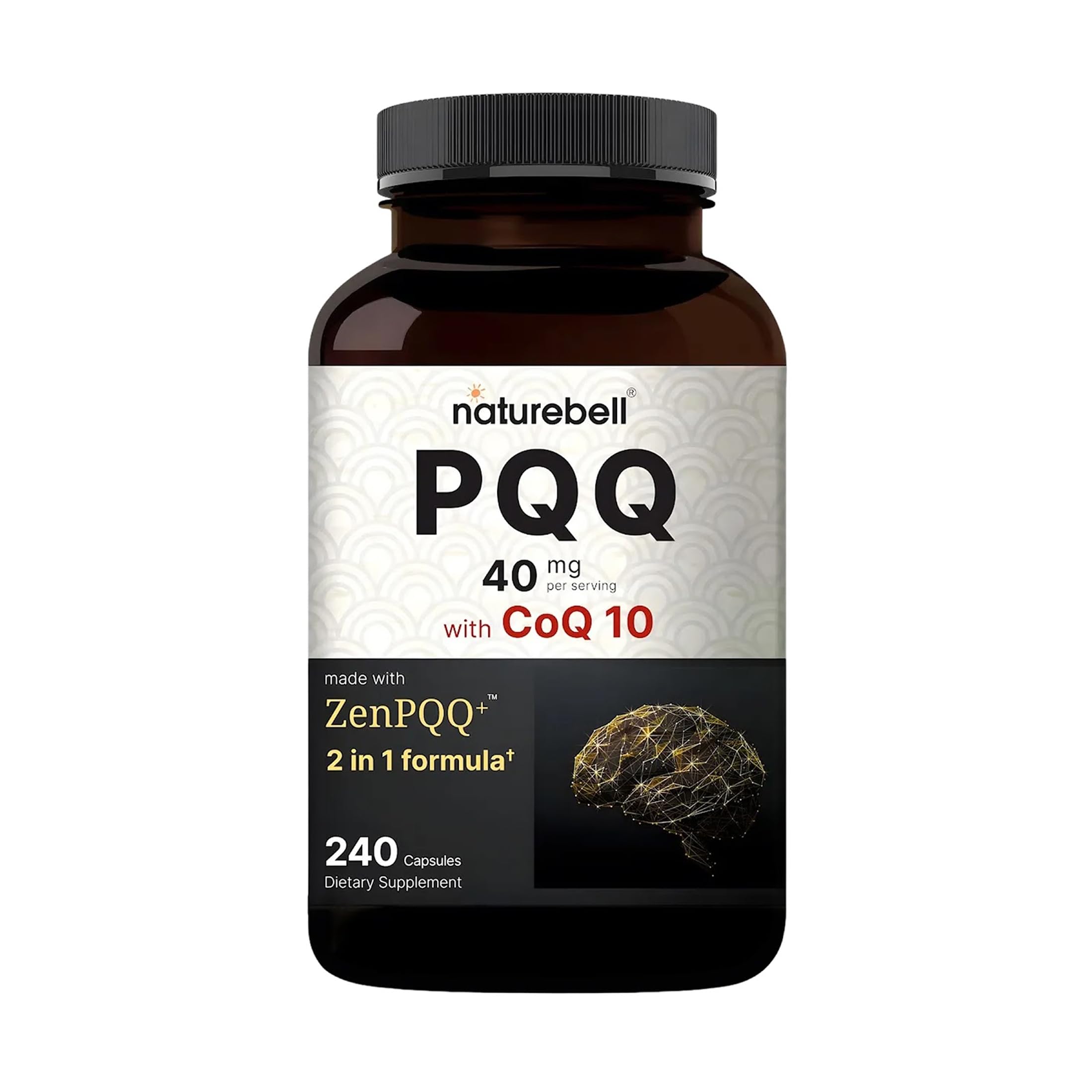 NatureBell PQQ con CoQ10, frente del bote, revisión de dosis para energía celular
