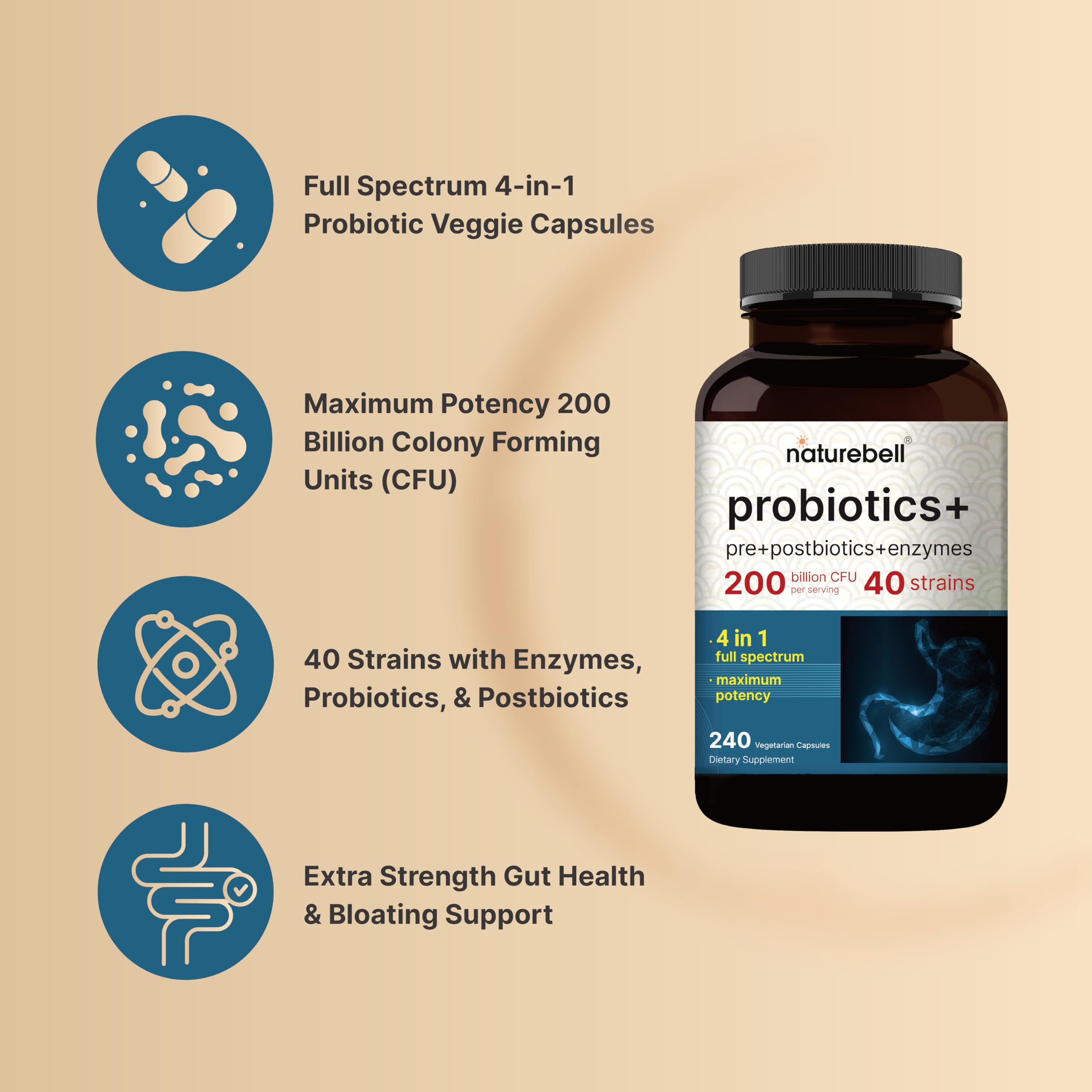 Frasco NatureBell Probiótico de 240 cápsulas vegetales para múltiples porciones.