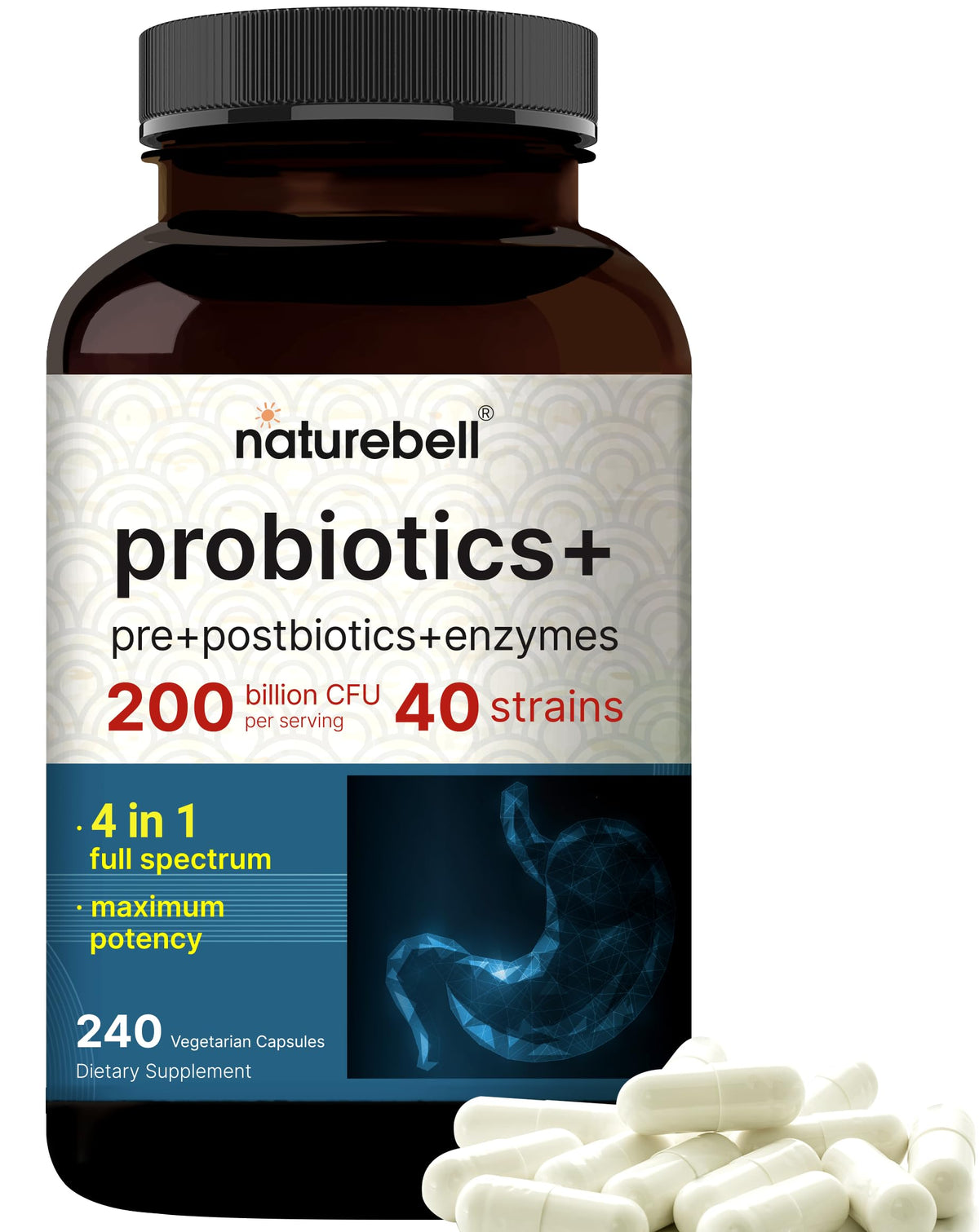 NatureBell Probiótico, botella de cápsulas vegetales para uso diario y equilibrio digestivo.
