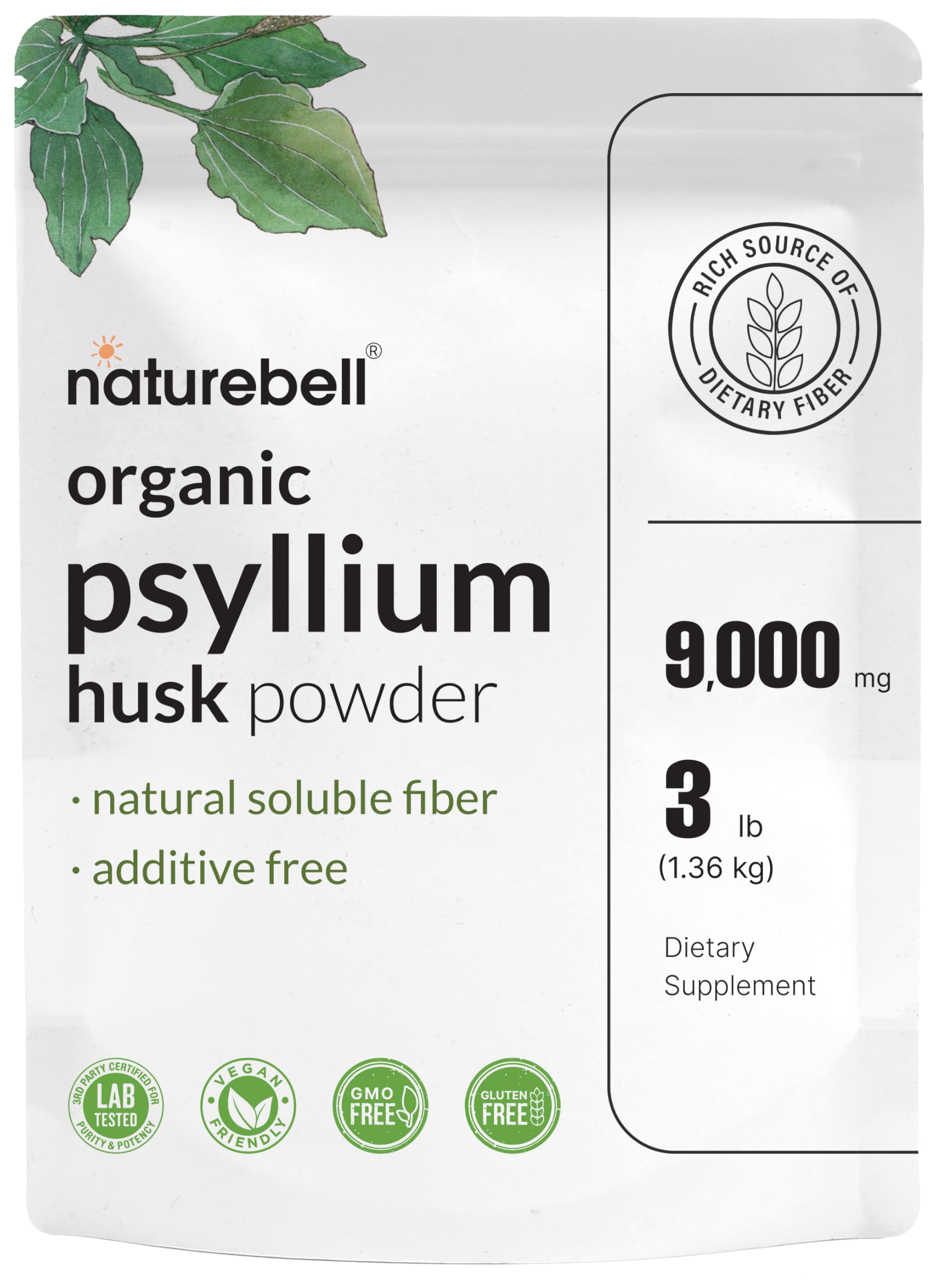 NatureBell Psyllium polvo orgánico para fibra diaria