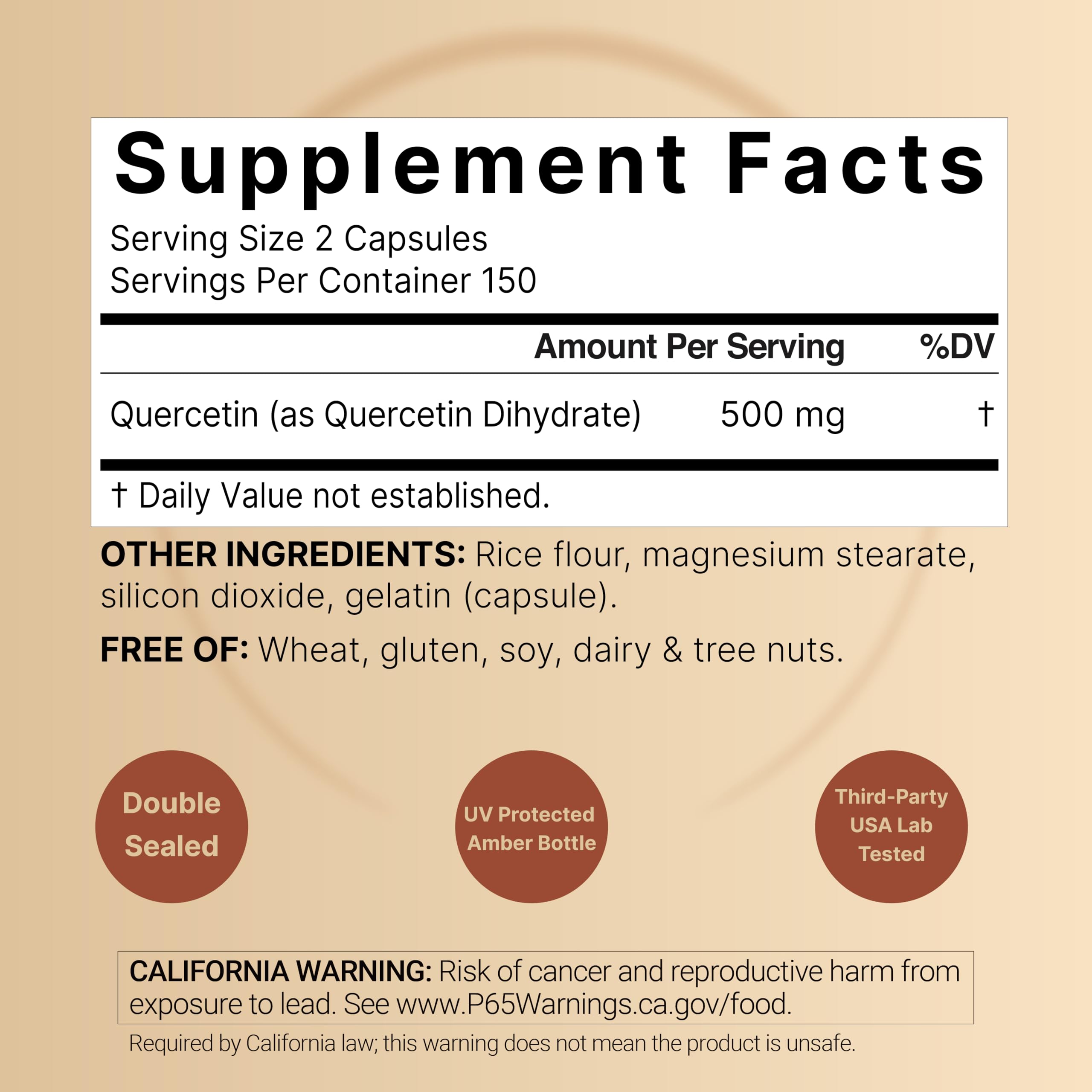 Frasco de NatureBell Quercetina 500mg con cápsulas para dosis diaria