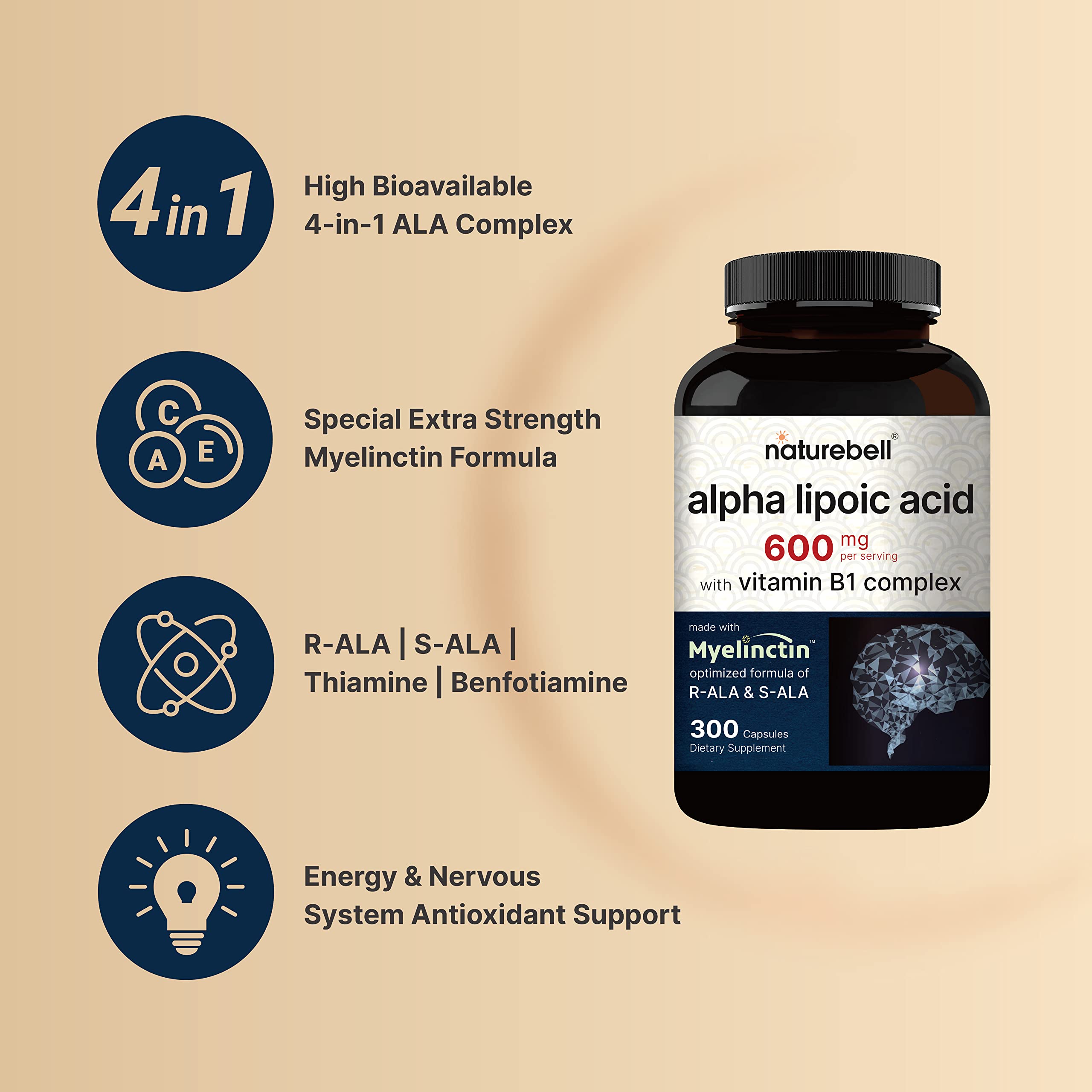 NatureBell R-ALA y S-ALA 600 mg: cápsulas para apoyo antioxidante natural