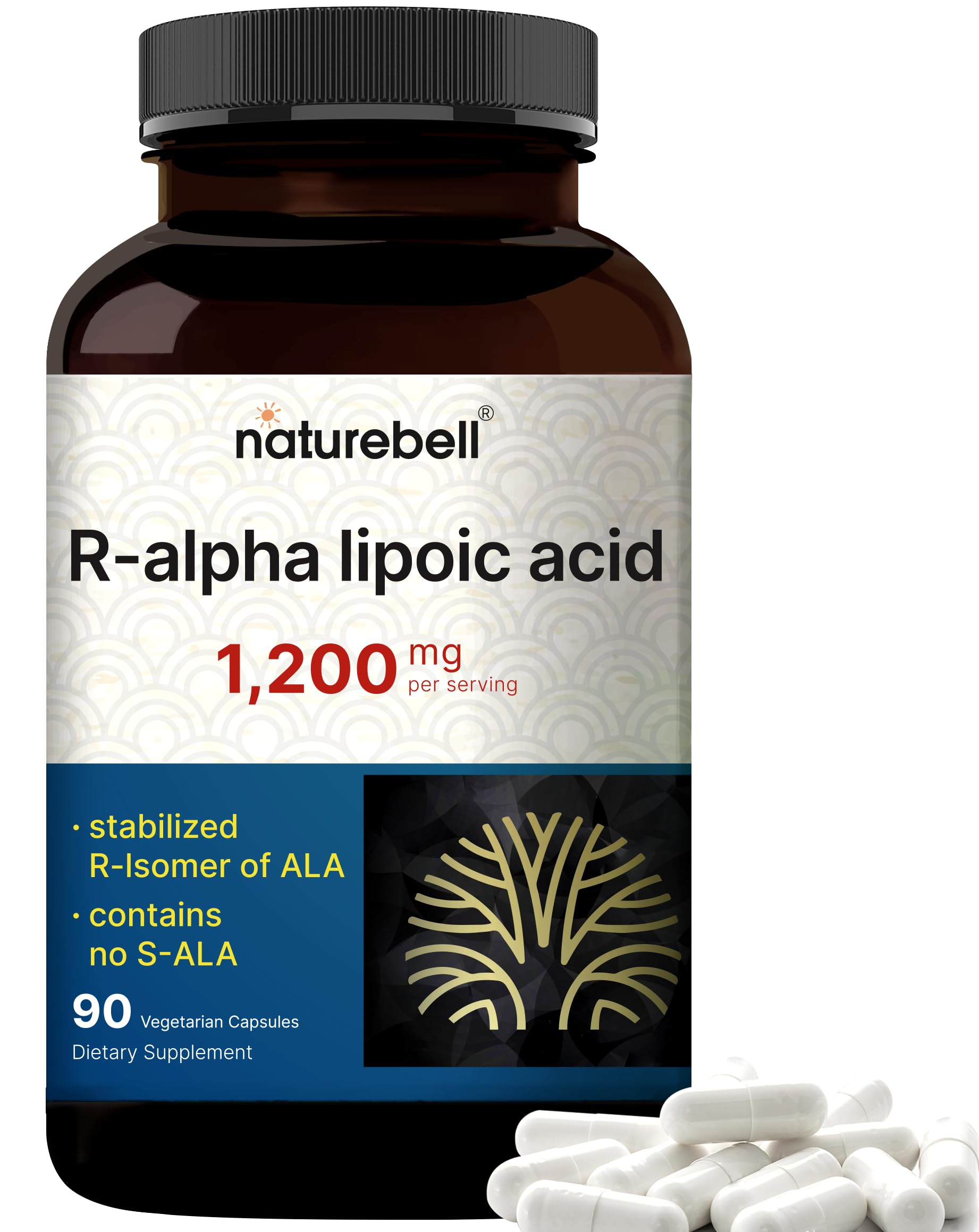 NatureBell R-ALA: cápsulas en frasco para energía celular y antioxidantes.