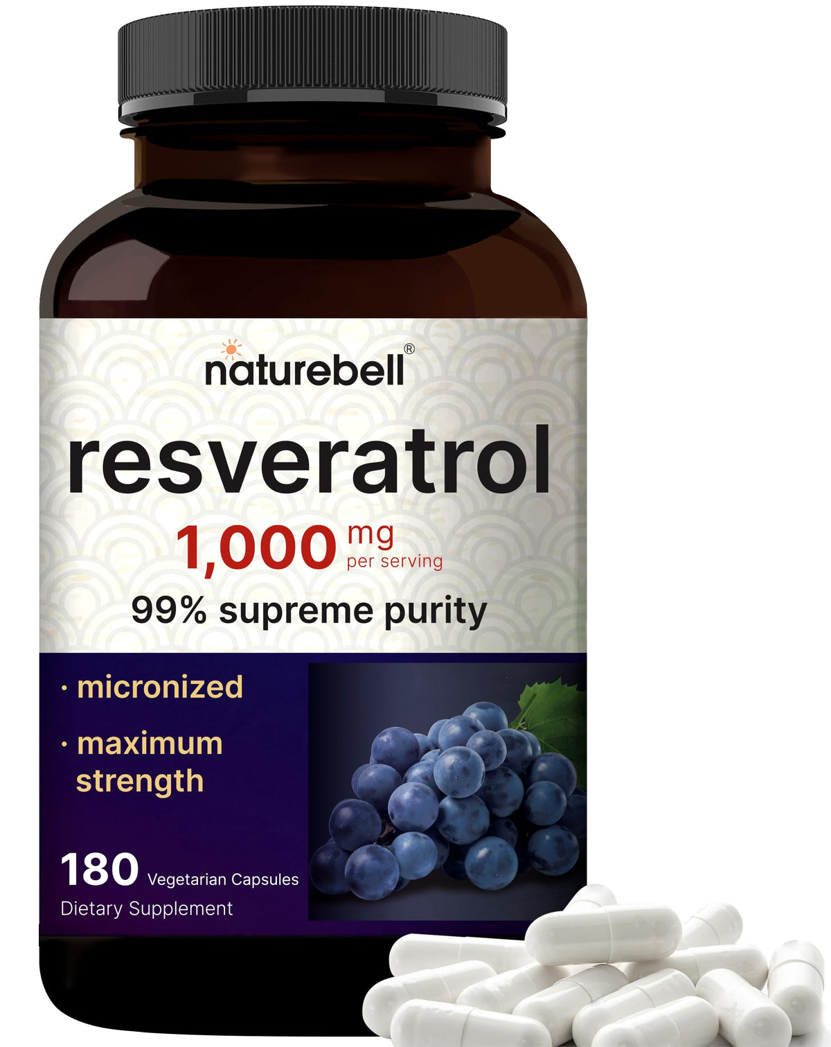 NatureBell Resveratrol: botella frontal para revisar la dosis diaria sugerida.
