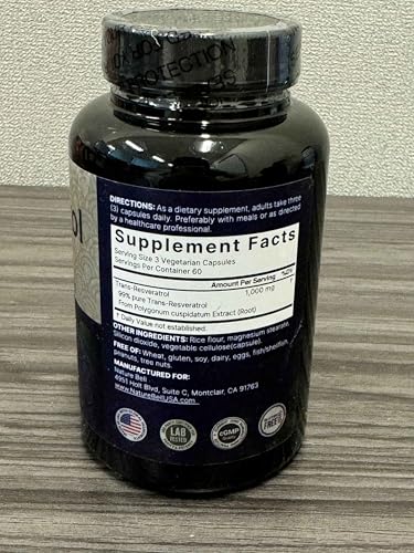 NatureBell Resveratrol: etiqueta detallada con ingredientes y pruebas de calidad.