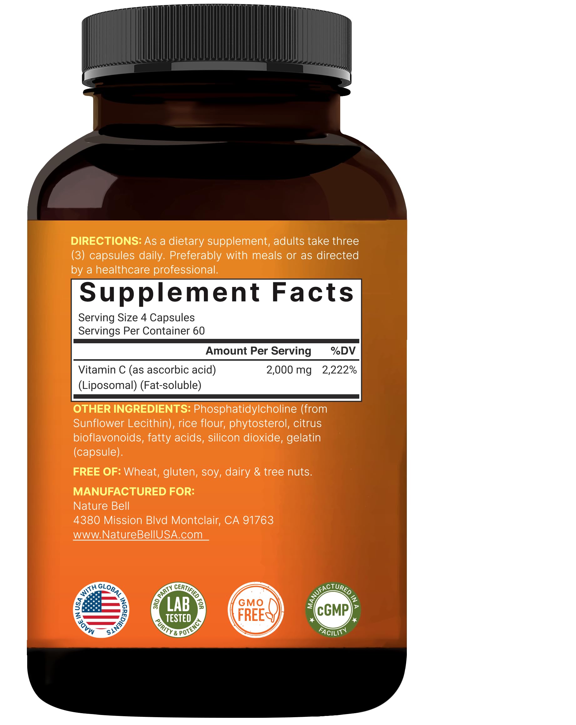 NatureBell Vitamina C sin soja, gluten y trigo, apta para dietas específicas.