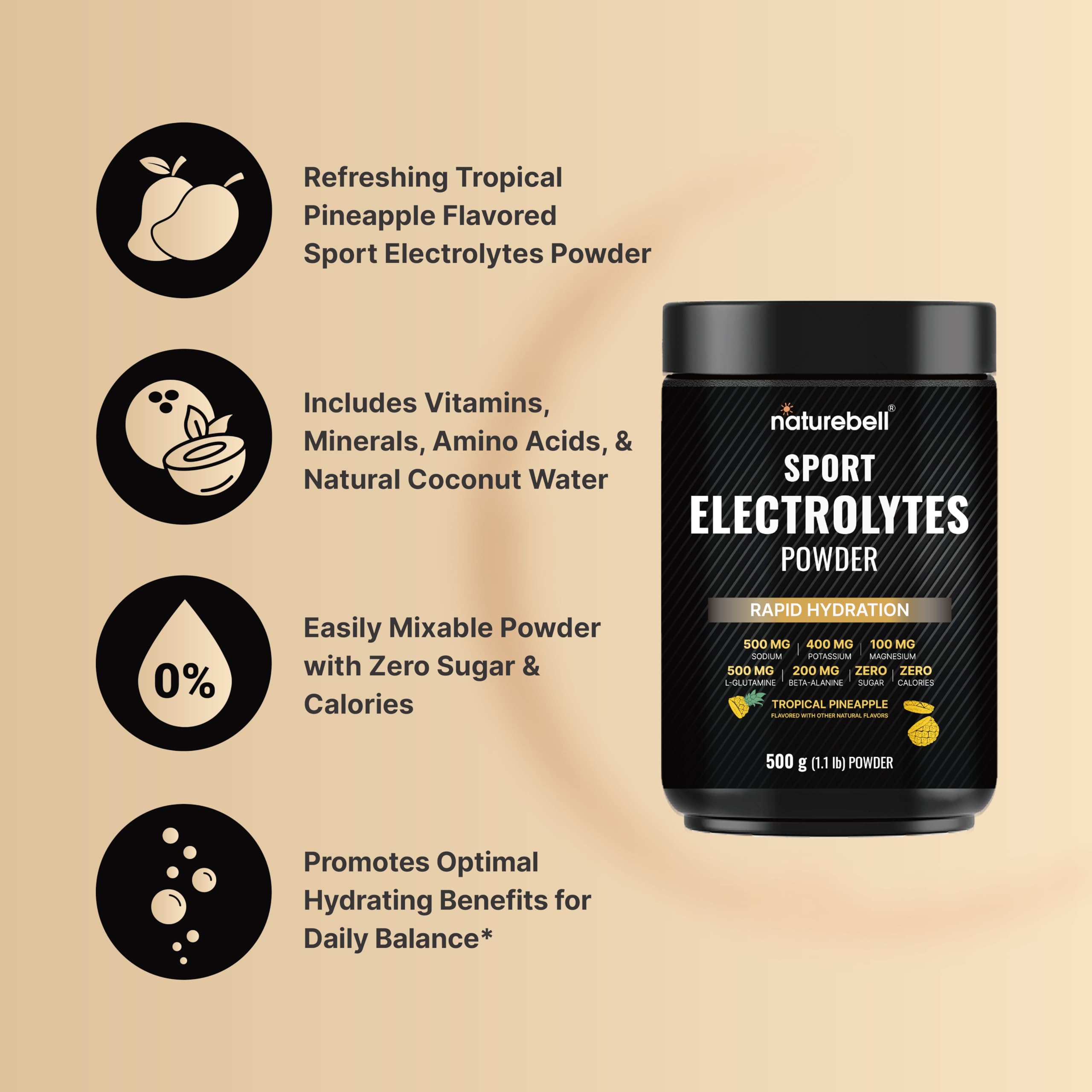 NatureBell Sport Electrolytes, base de coco, aporta sodio y potasio para equilibrio electrolítico.