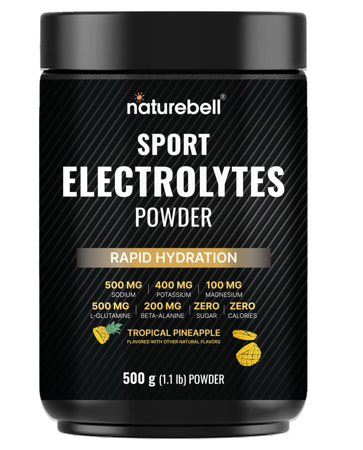 NatureBell Sport Electrolytes en polvo, sabor piña tropical, favorece la hidratación rápida durante entrenamientos.