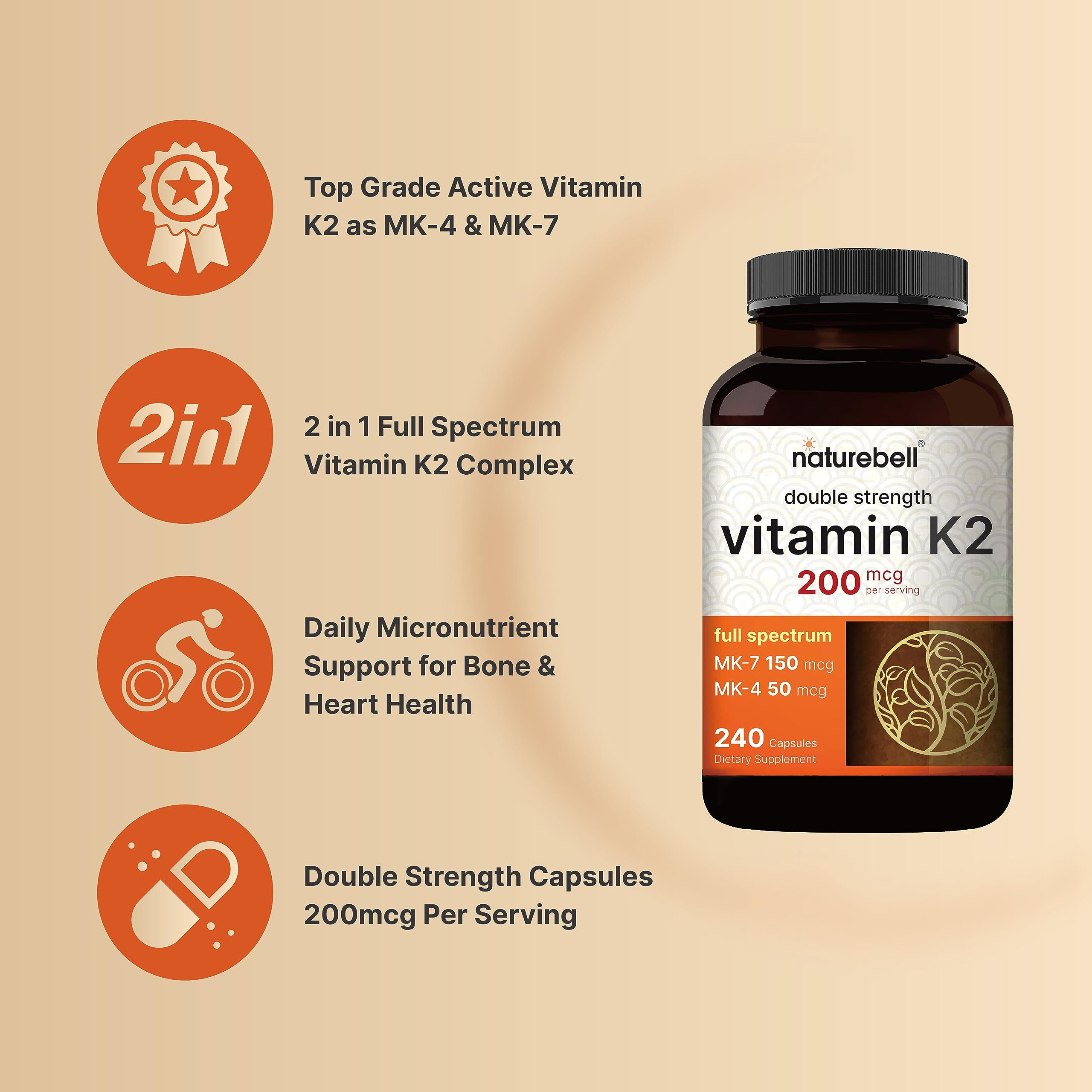 NatureBell Vitamin K2-240 cápsulas en mano, ideal para rutina de suplementación