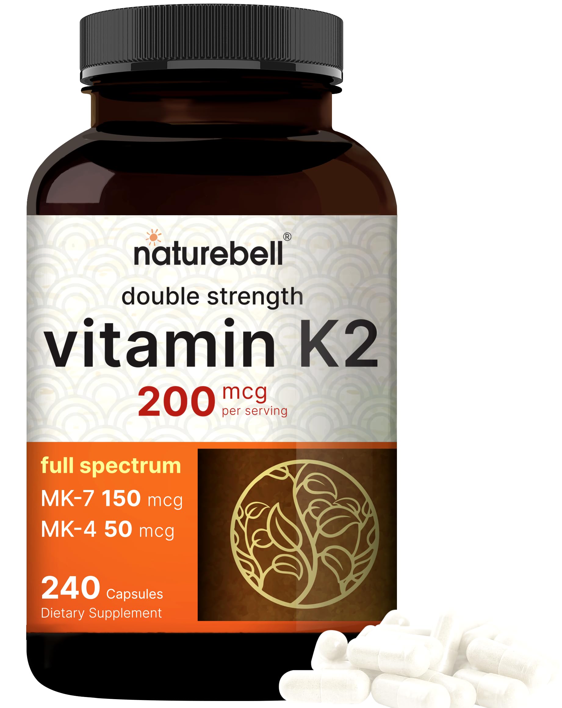 NatureBell Vitamin K2-240 cápsulas en frasco para apoyo diario de la salud ósea