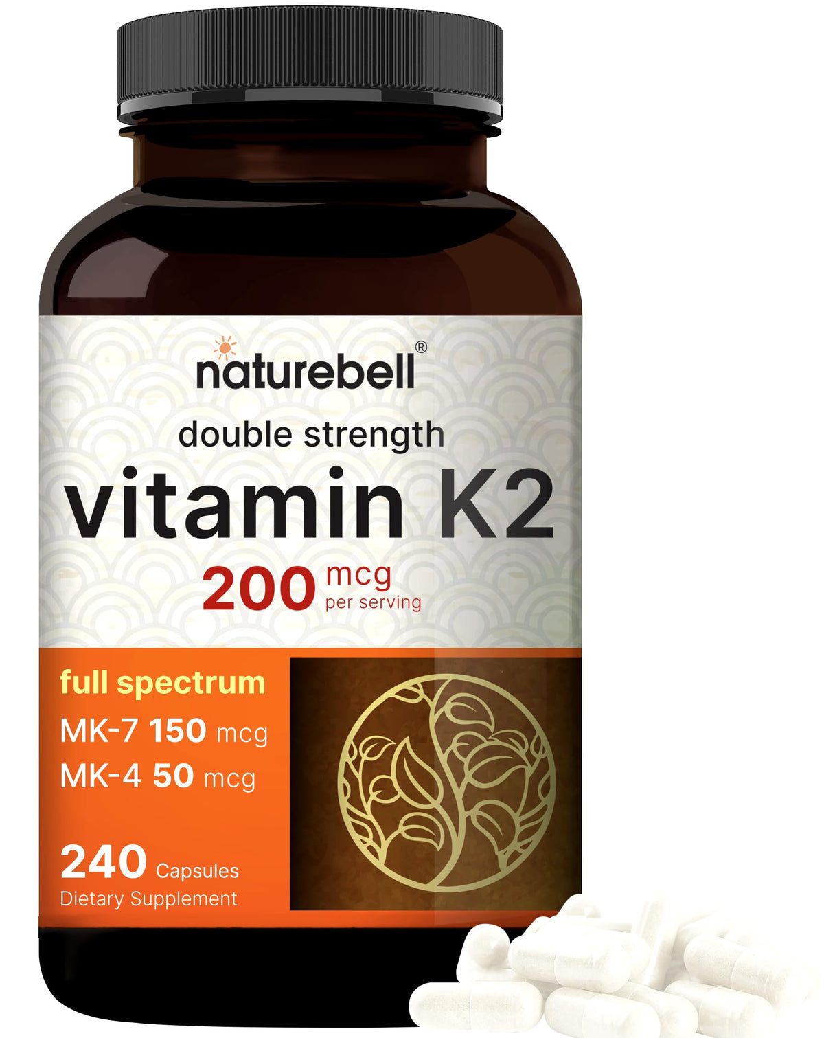 NatureBell Vitamin K2-240 cápsulas en frasco para apoyo diario de la salud ósea