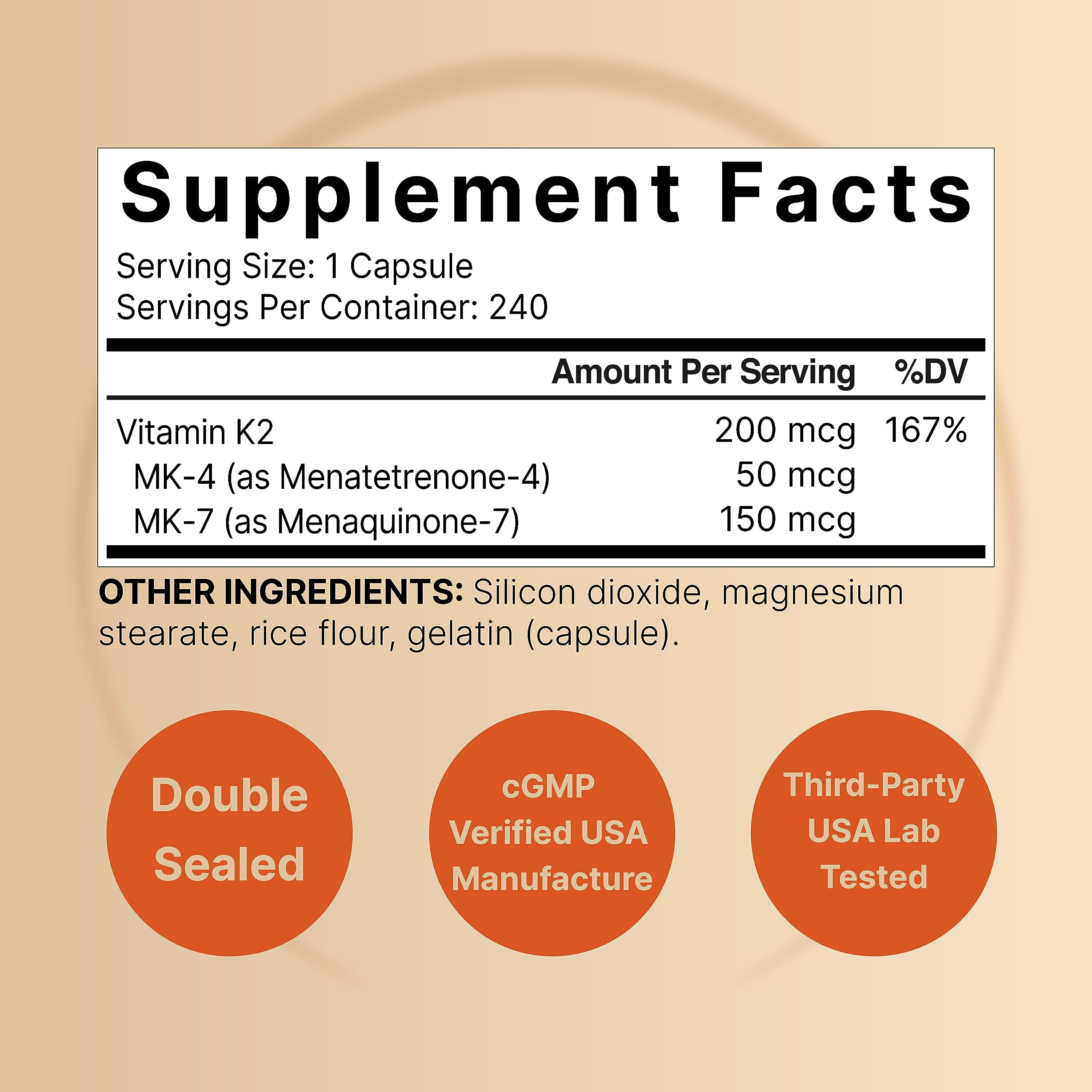 NatureBell Vitamin K2-240 etiqueta detallada para claridad de ingredientes y beneficios