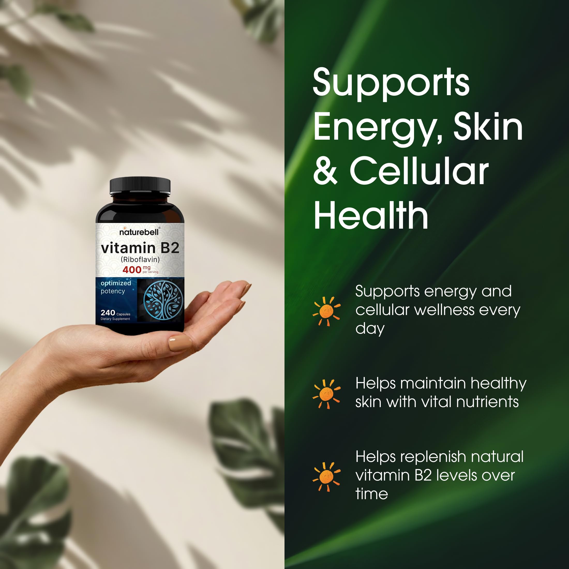 NatureBell Vitamina B2 cápsulas verdes, fáciles de ingerir en la rutina diaria
