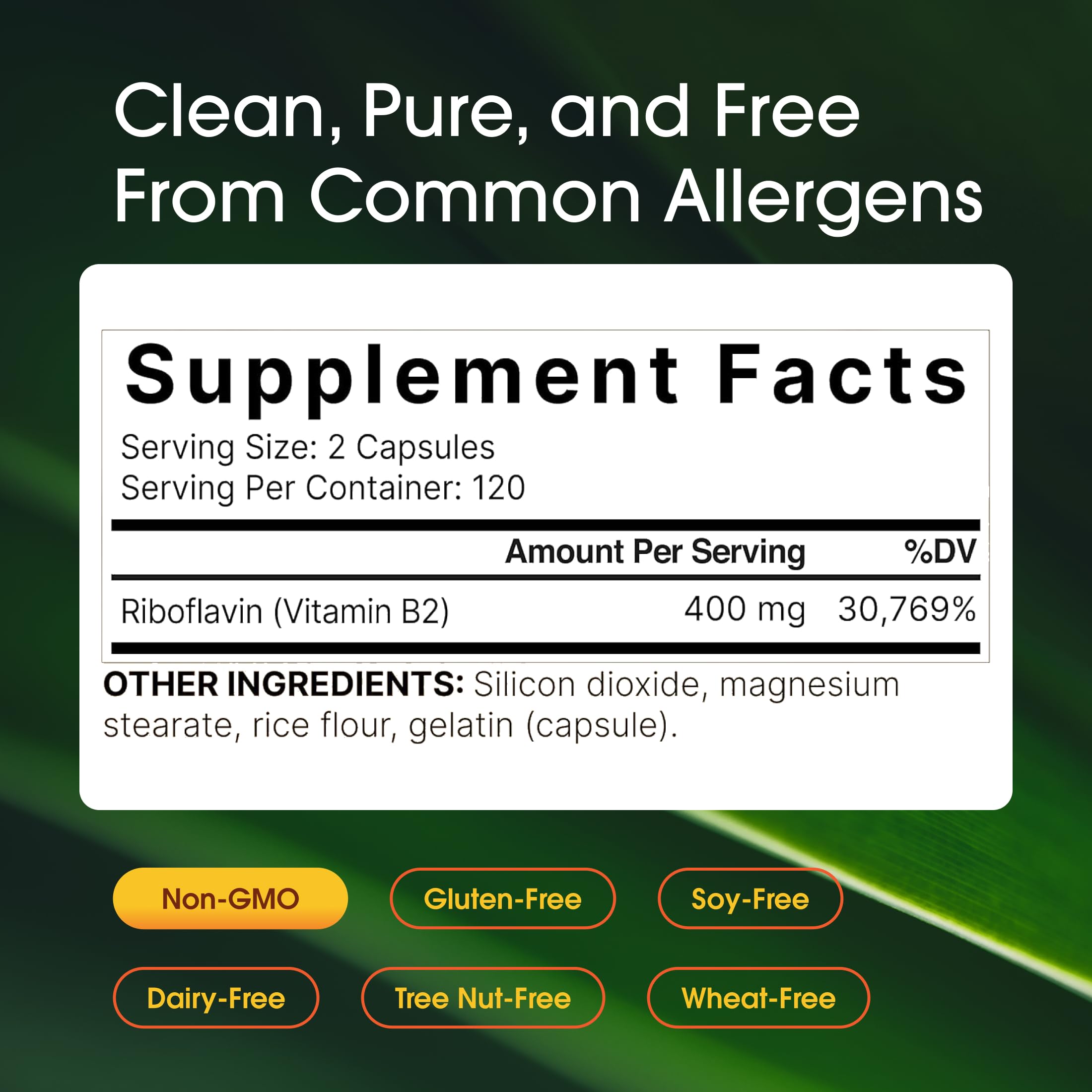 NatureBell Vitamina B2 etiqueta clara en botella, información clara para dosis