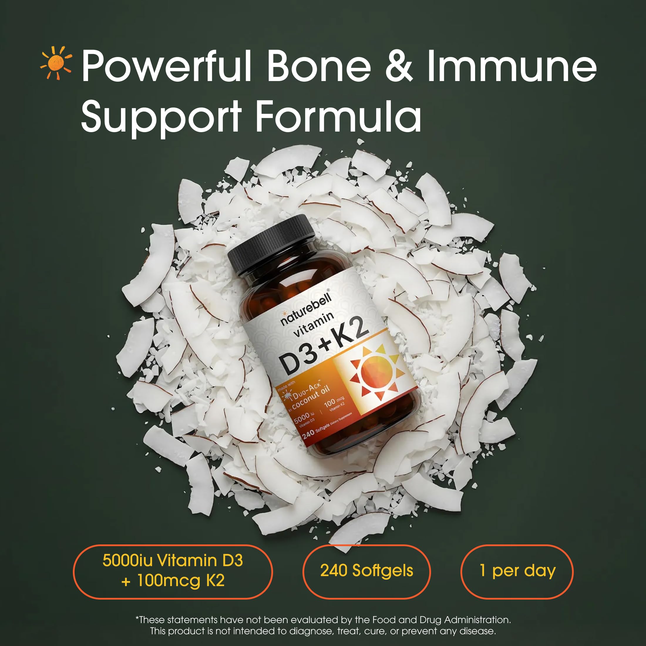 NatureBell Vitamina D3 K2 240, etiqueta, información clara para la dosis diaria.