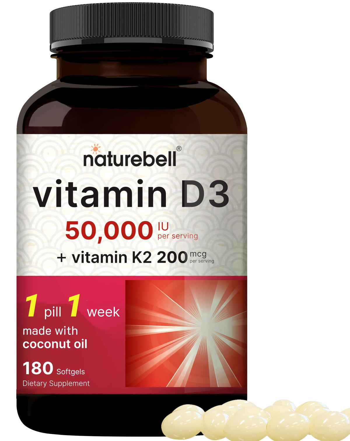 NatureBell Vitamina D3 K2 50k en frasco, soporte óseo y bienestar diario.