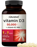 NatureBell Vitamina D3 K2 50k en frasco, soporte óseo y bienestar diario.