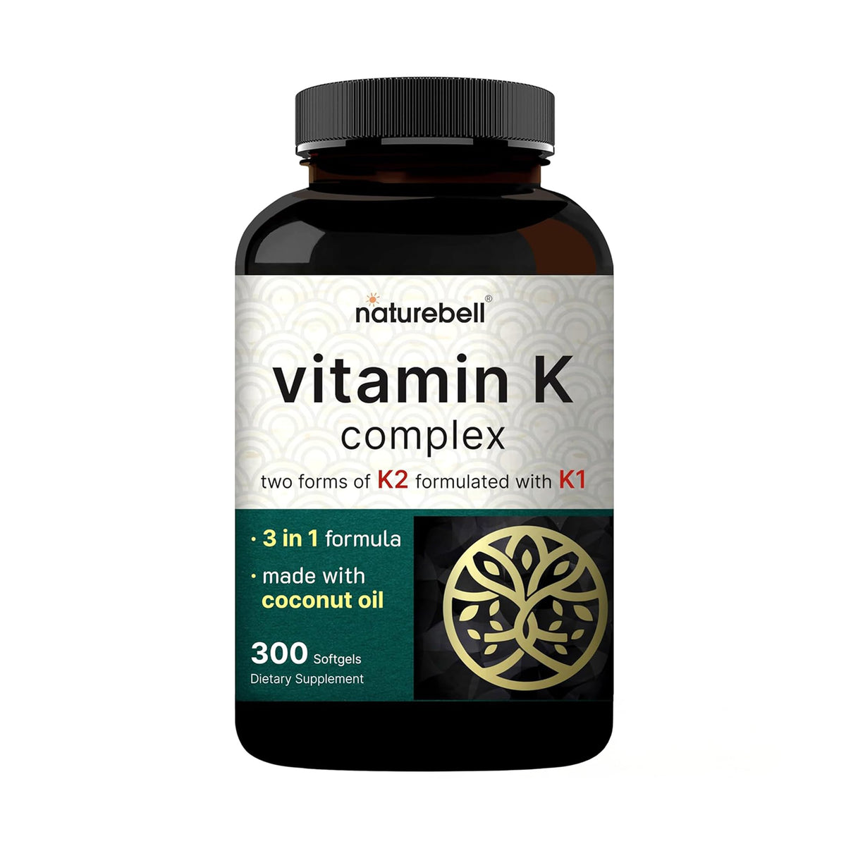 NatureBell Vitamina K Complejo: botella de 300 cápsulas para soporte óseo diario.