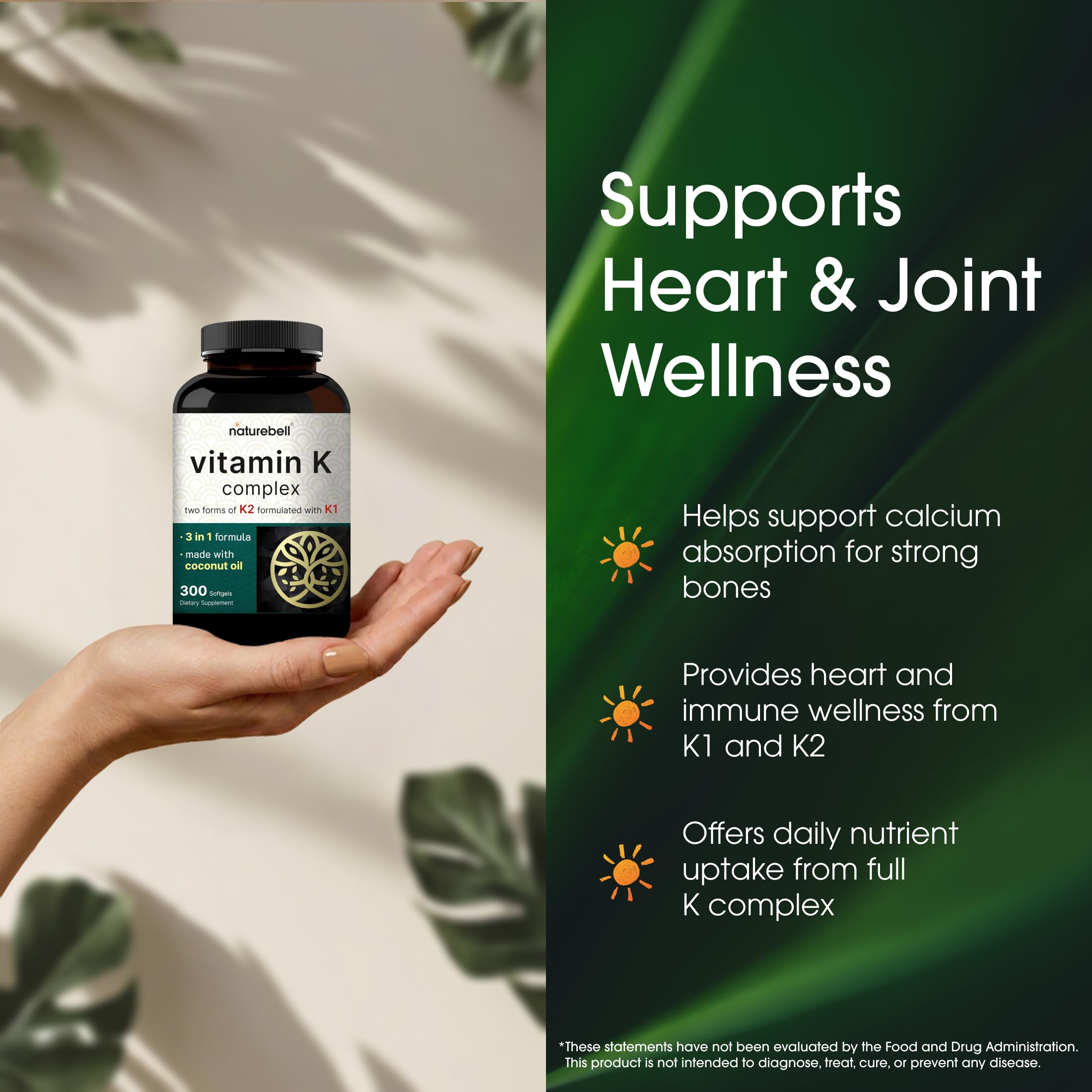 NatureBell Vitamina K Complejo: enfoque en salud ósea y cardiovascular para uso diario.