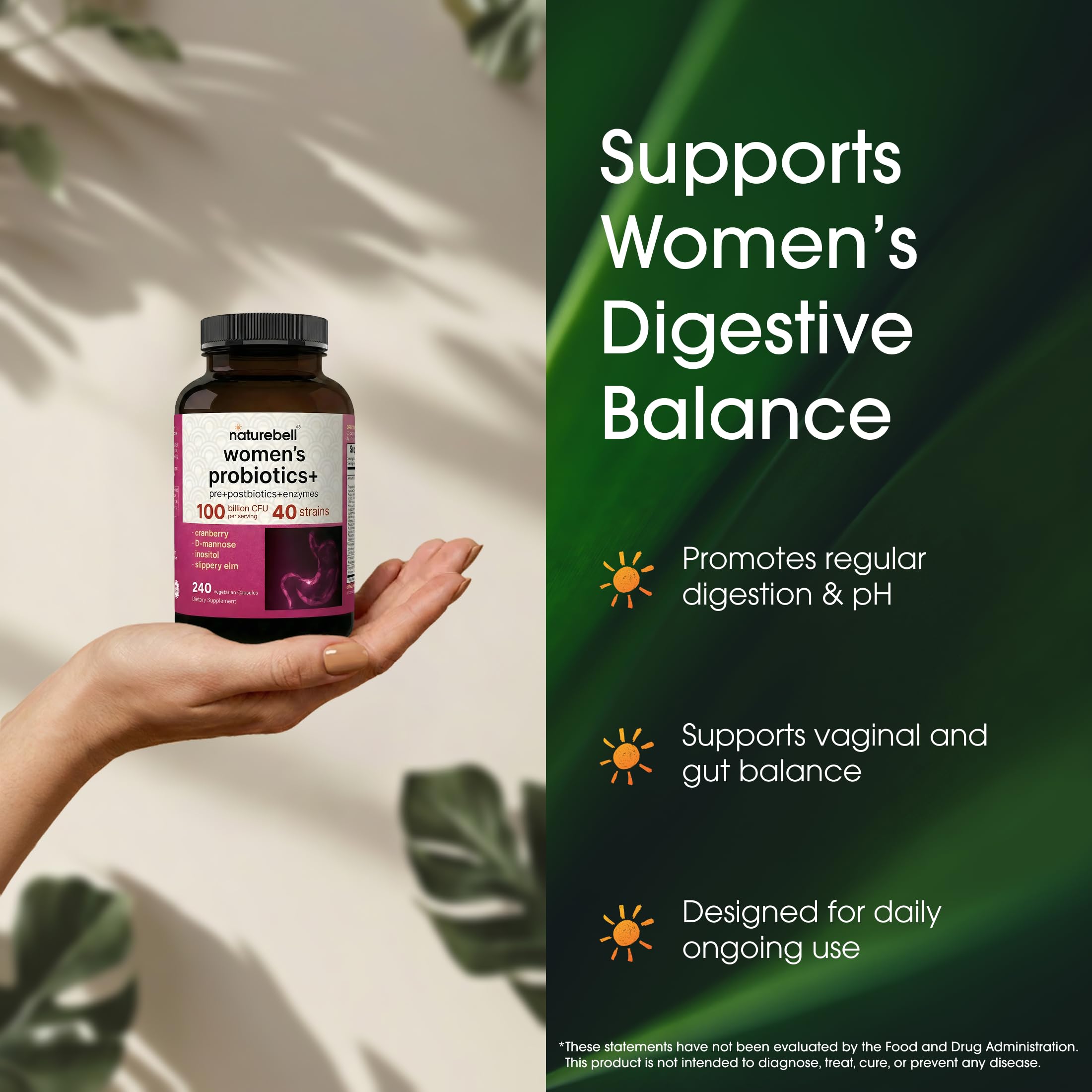 NatureBell Probióticos+ para Mujeres frasco con información de ingredientes clave