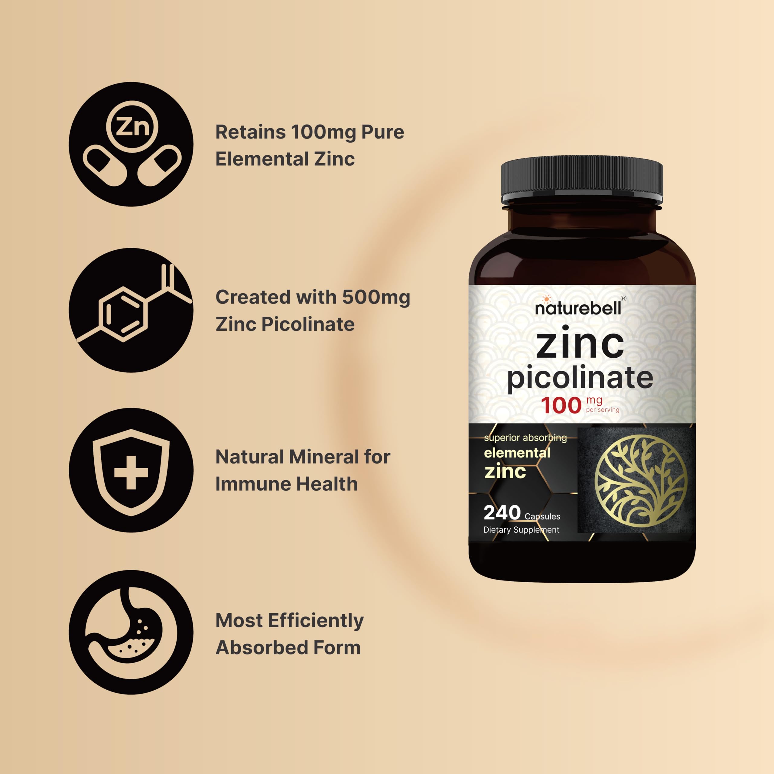 Etiqueta informativa de NatureBell Zinc Picolinato 100 mg para dosis claras.