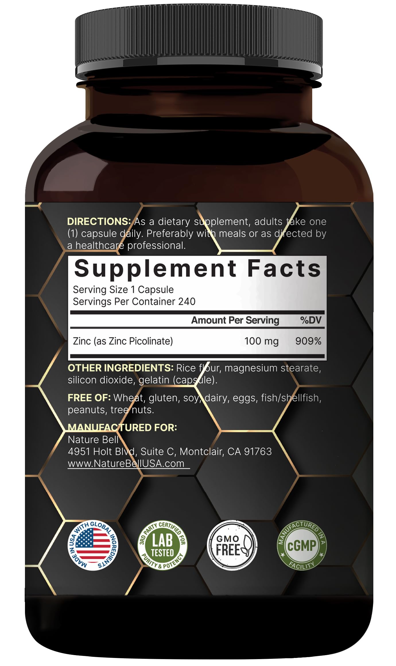 Uso diario de NatureBell Zinc Picolinato 100 mg, cápsulas fáciles de tragar.
