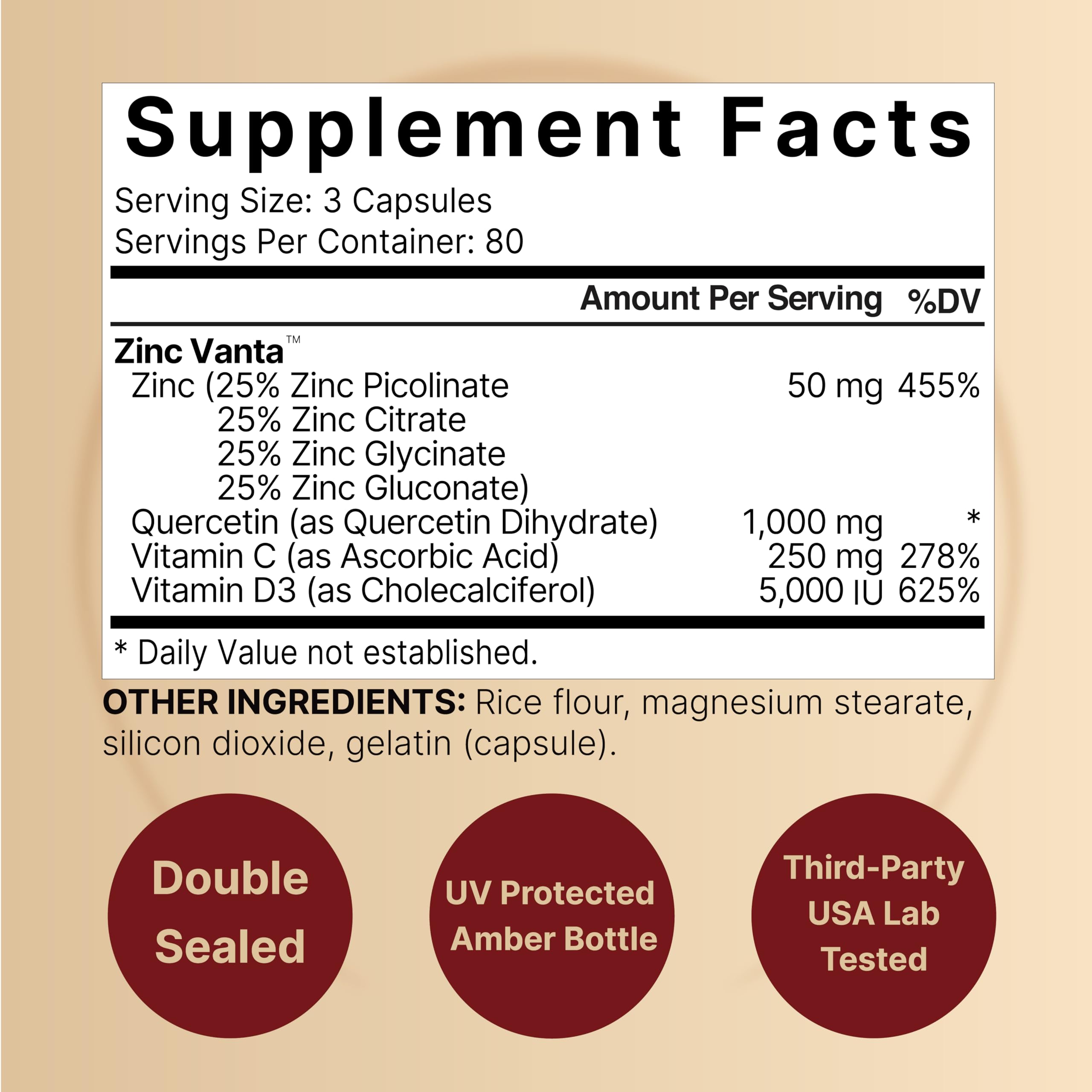 NatureBell Zinc Quercetina: bote lateral, etiqueta legible y dosis