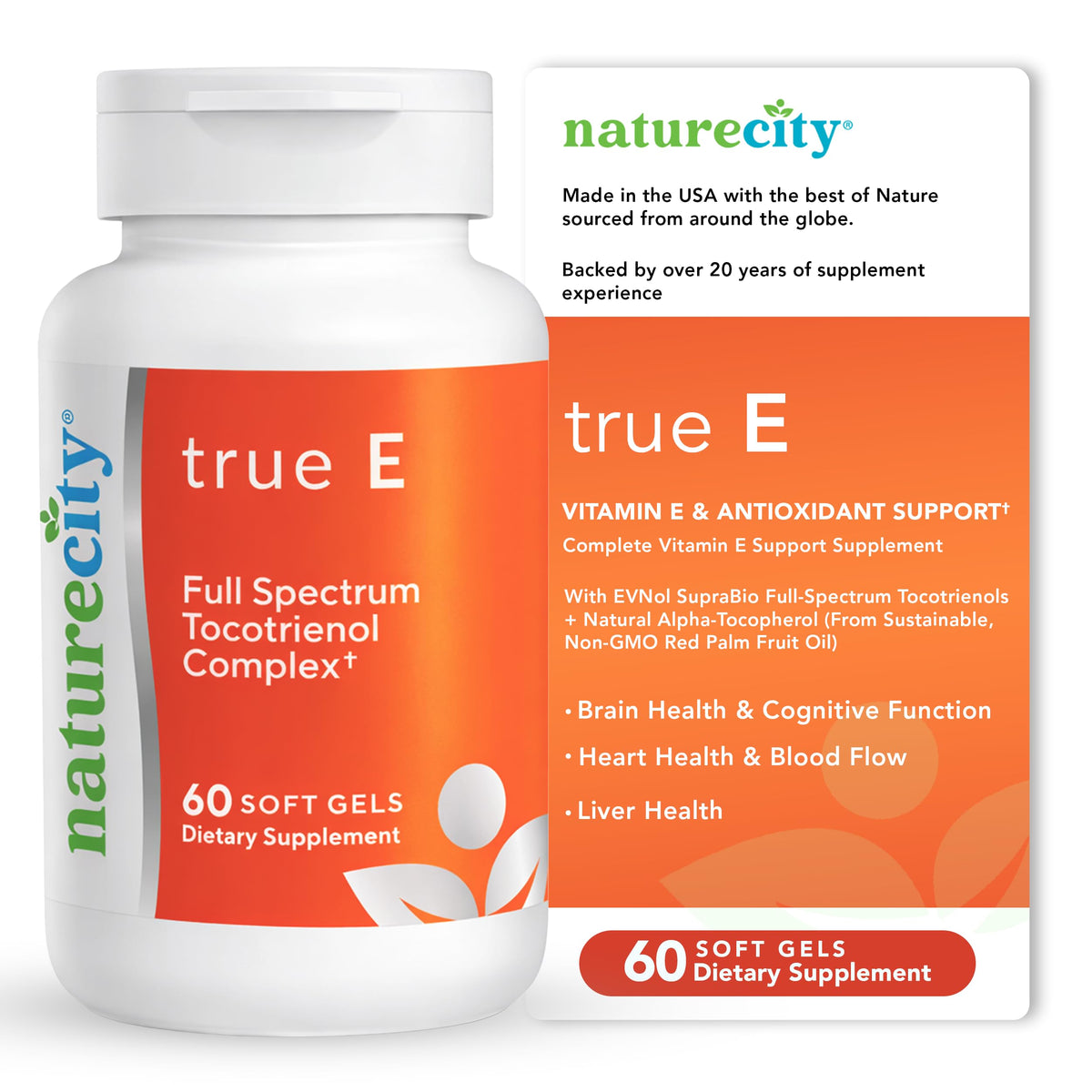 NatureCity True-E frasco con cápsulas blandas para uso diario y antioxidante natural.