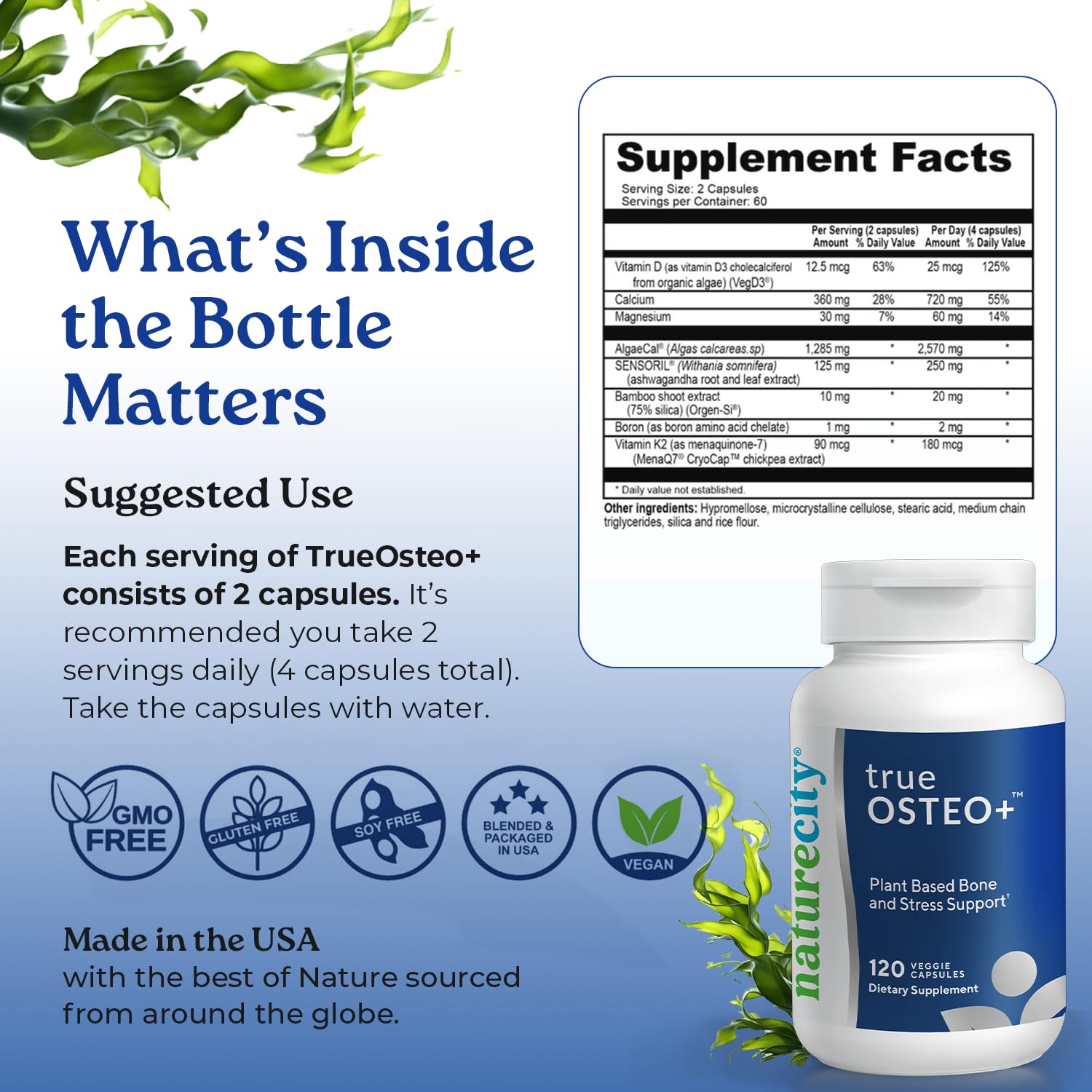 True-Osteo+ cápsulas vegetales para una rutina diaria conveniente.