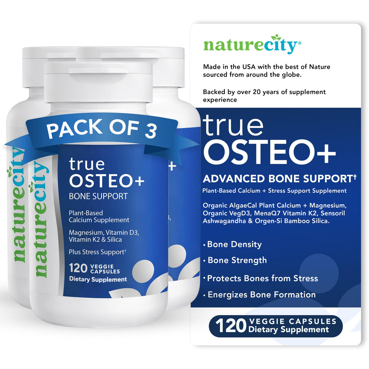 NatureCity True-Osteo+ promueve equilibrio óseo con calcio de origen vegetal.