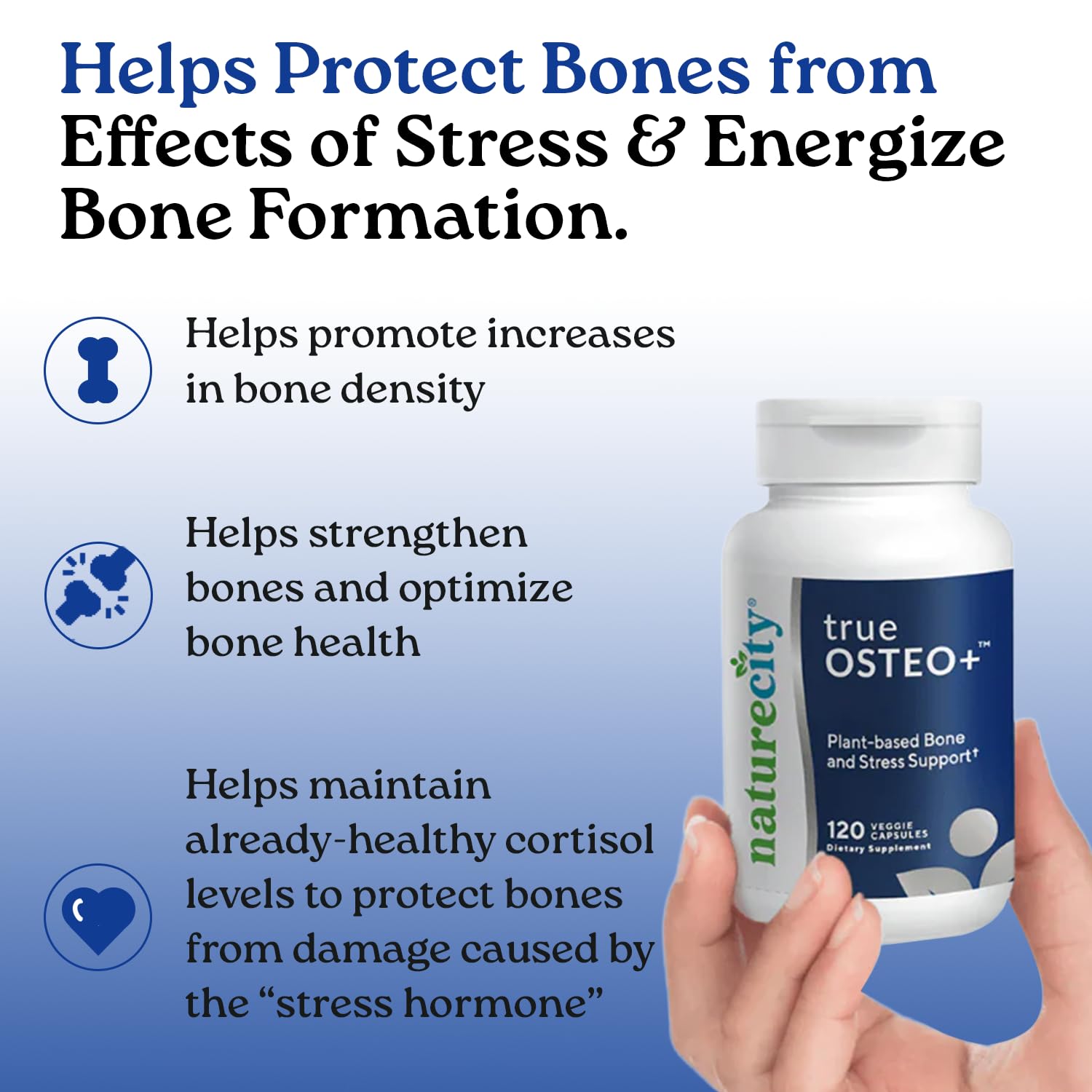 True-Osteo+ combina vitamina D3 y K2 de origen vegetal para huesos fuertes.