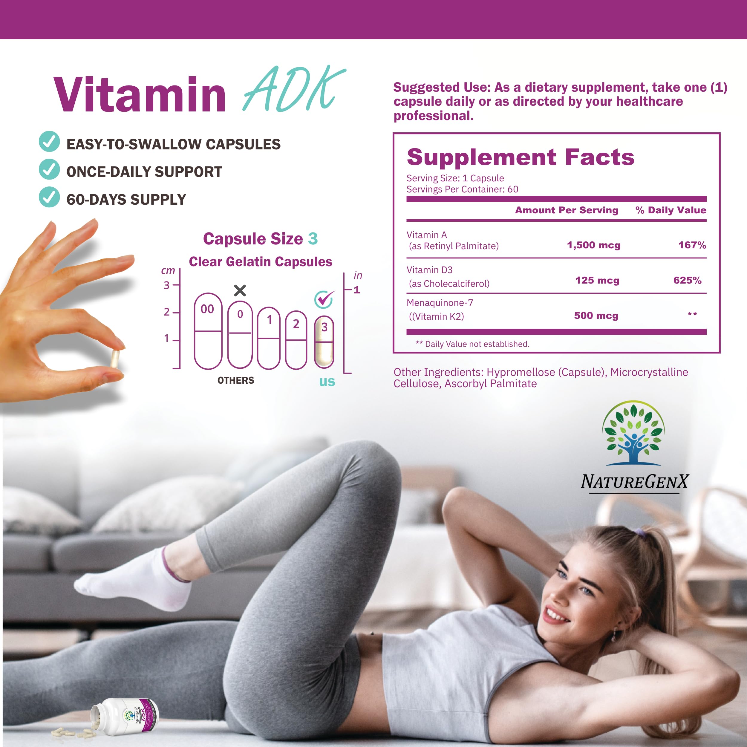 NatureGenX ADK etiqueta: información clara para elegir vitaminas A, D3 y K2.