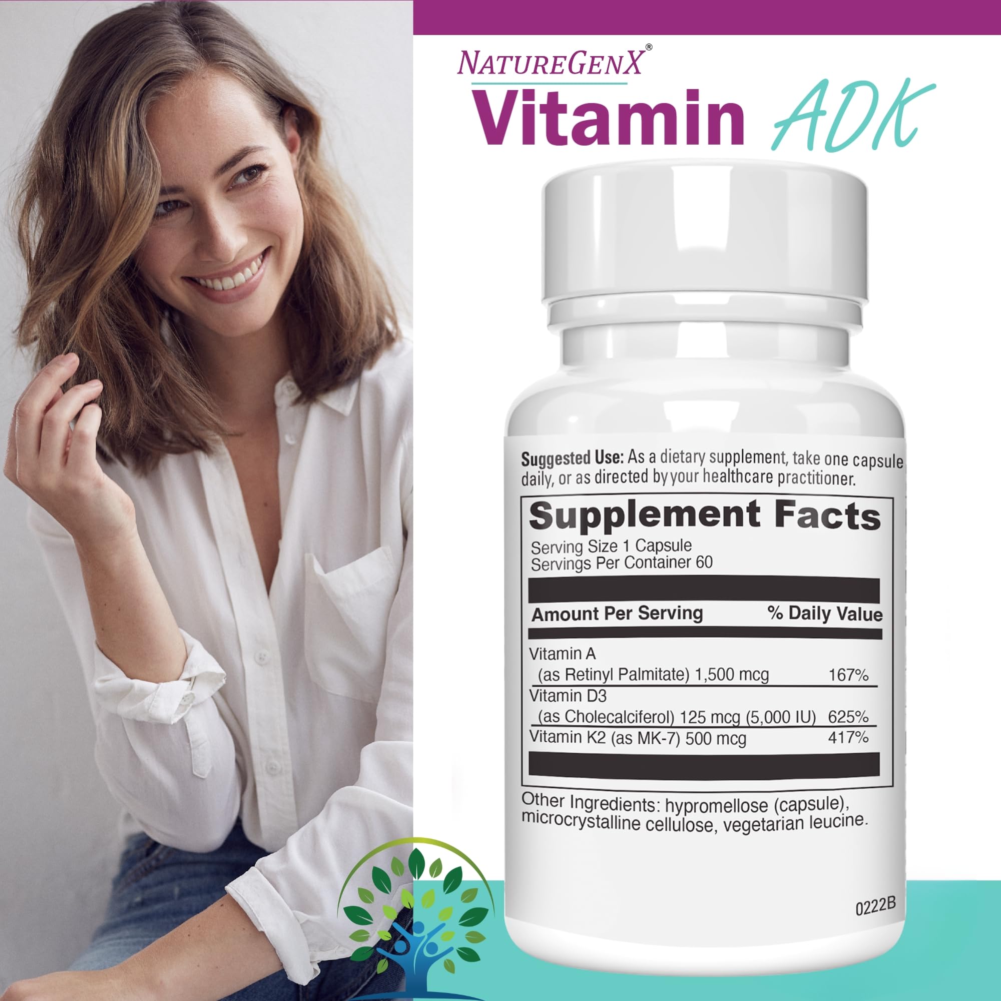 NatureGenX ADK cápsulas: formato diario para soporte nutricional sin aditivos.